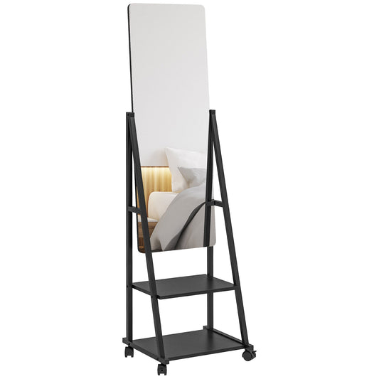 Free Standing Dressing Mirror, Rolling Full Length Mirror on Wheels with Adjustable Angle, Storage Shelves for Bedroom-0