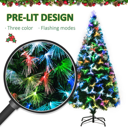 Homcom 6FT Tall Artificial Tree Fiber Optic Colorful LED Pre-Lit Holiday Home Christmas Decoration with Flash Mode Green