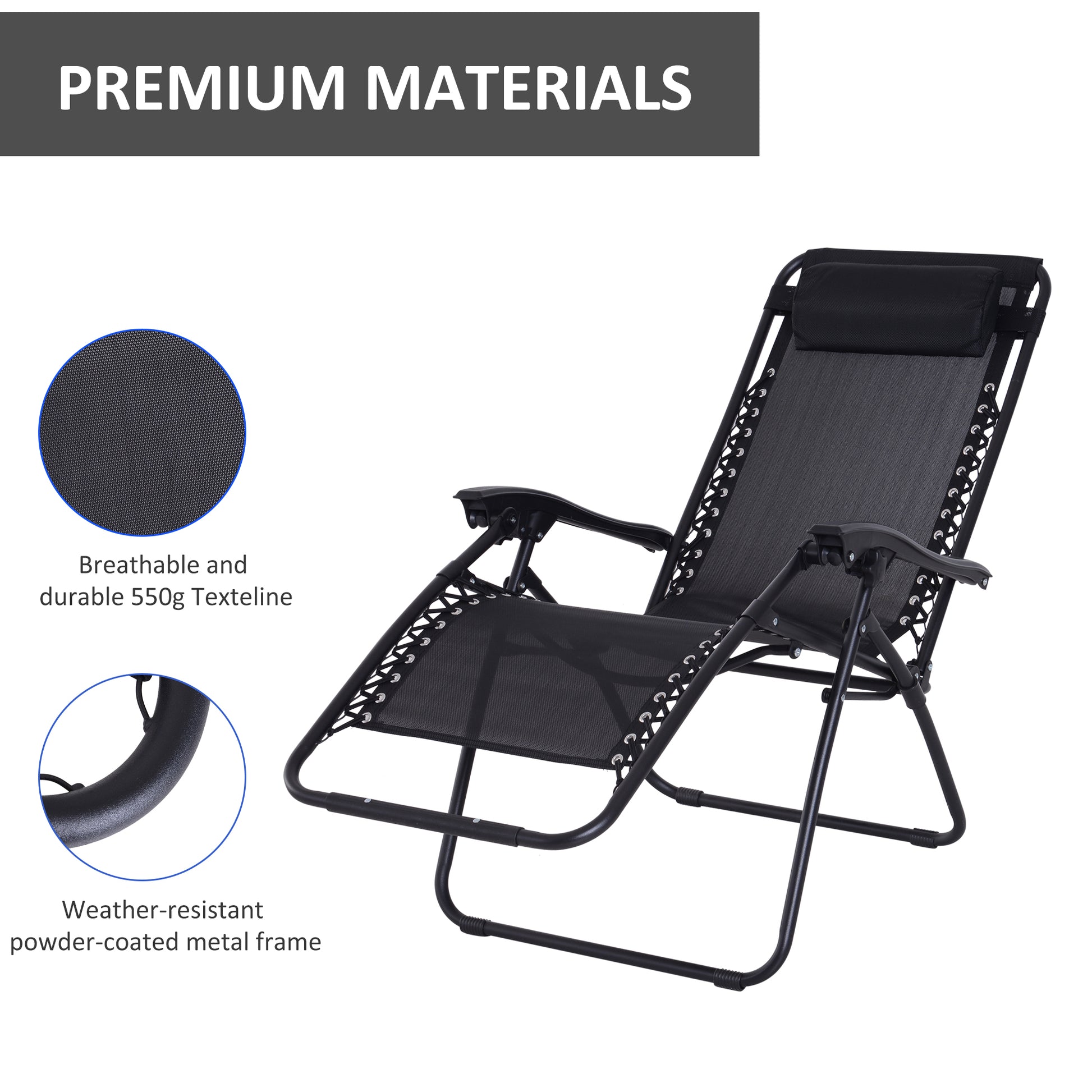 Outsunny Zero Gravity Chair Metal Frame Texteline Armchair Outdoor Folding & Reclining Sun Lounger with Head Pillow for Patio Decking Gardens Camping