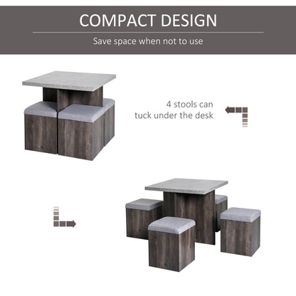 Homcom 5PC Dining Set Garden Patio Wooden Set 4 Storage Stools Footrest Ottoman with Cushions + 1 Table Space Saving Design Indoor Outdoor