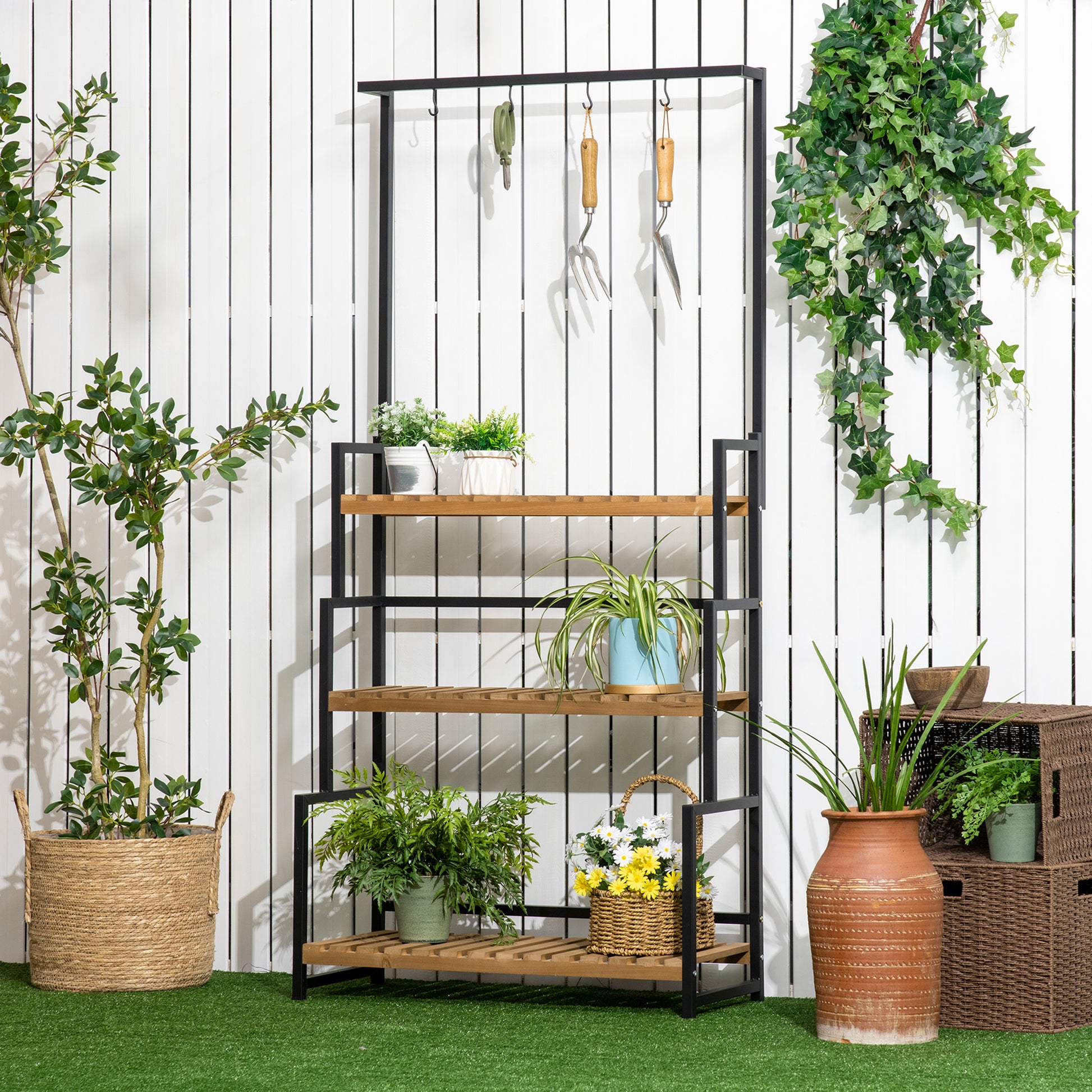 Outsunny 3 Tiered Plant Stand with Hanging Hooks