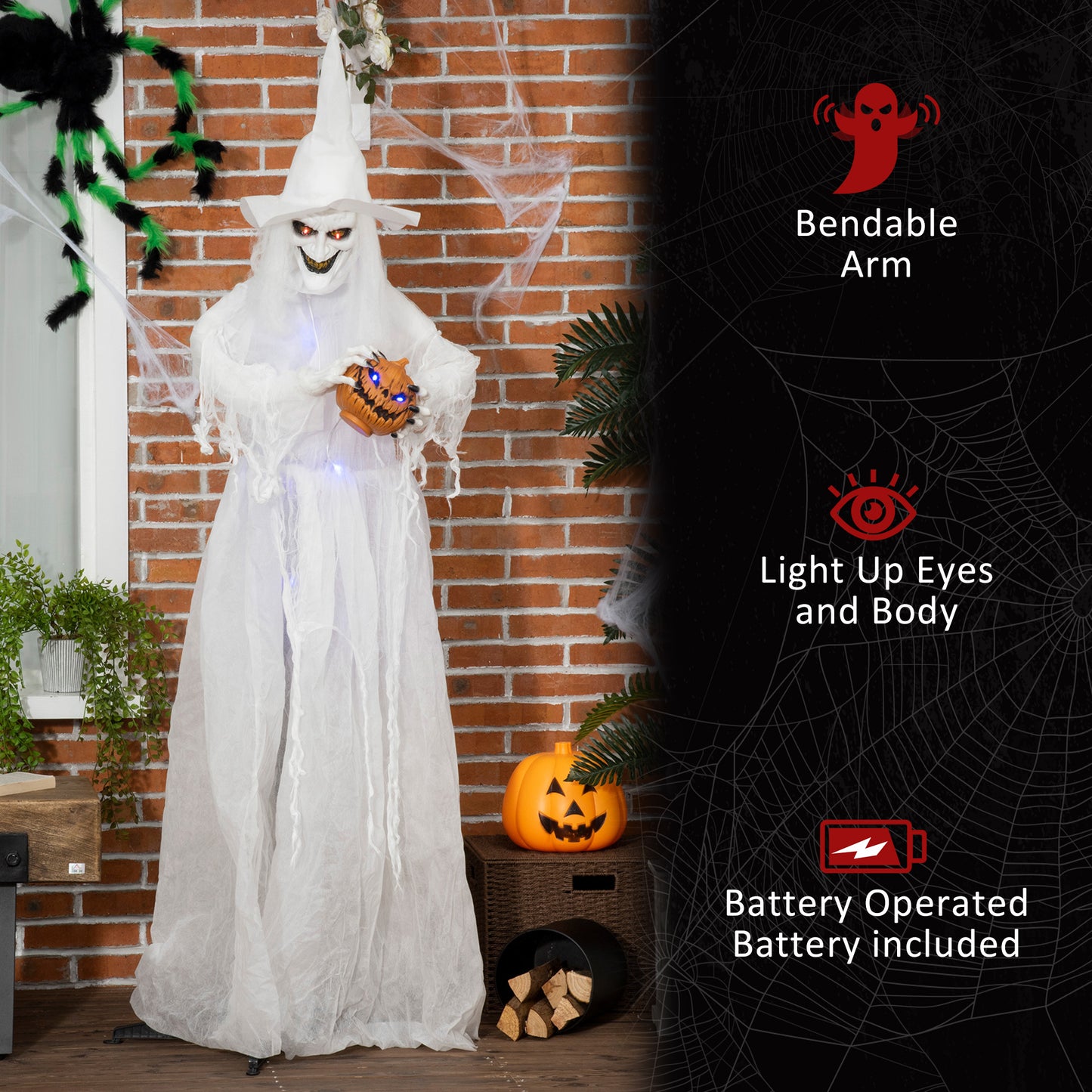 Outsunny 72 Inch Halloween Decorations White Witch Holding Pumpkin Head