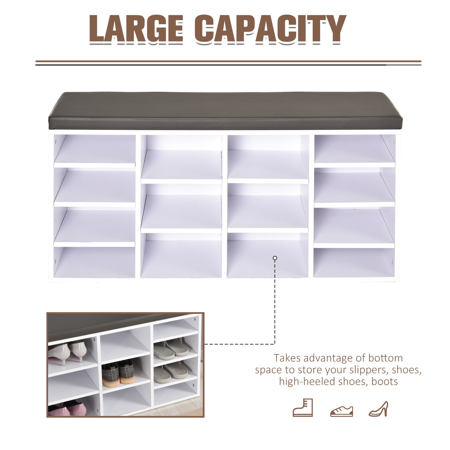 Homcom Multi-Storage Shoe Rack w/ 14 Compartments Cushion Moving Shelves Solid Frame Foot Pads Home Office Tidy Organisation Boots Trainers White