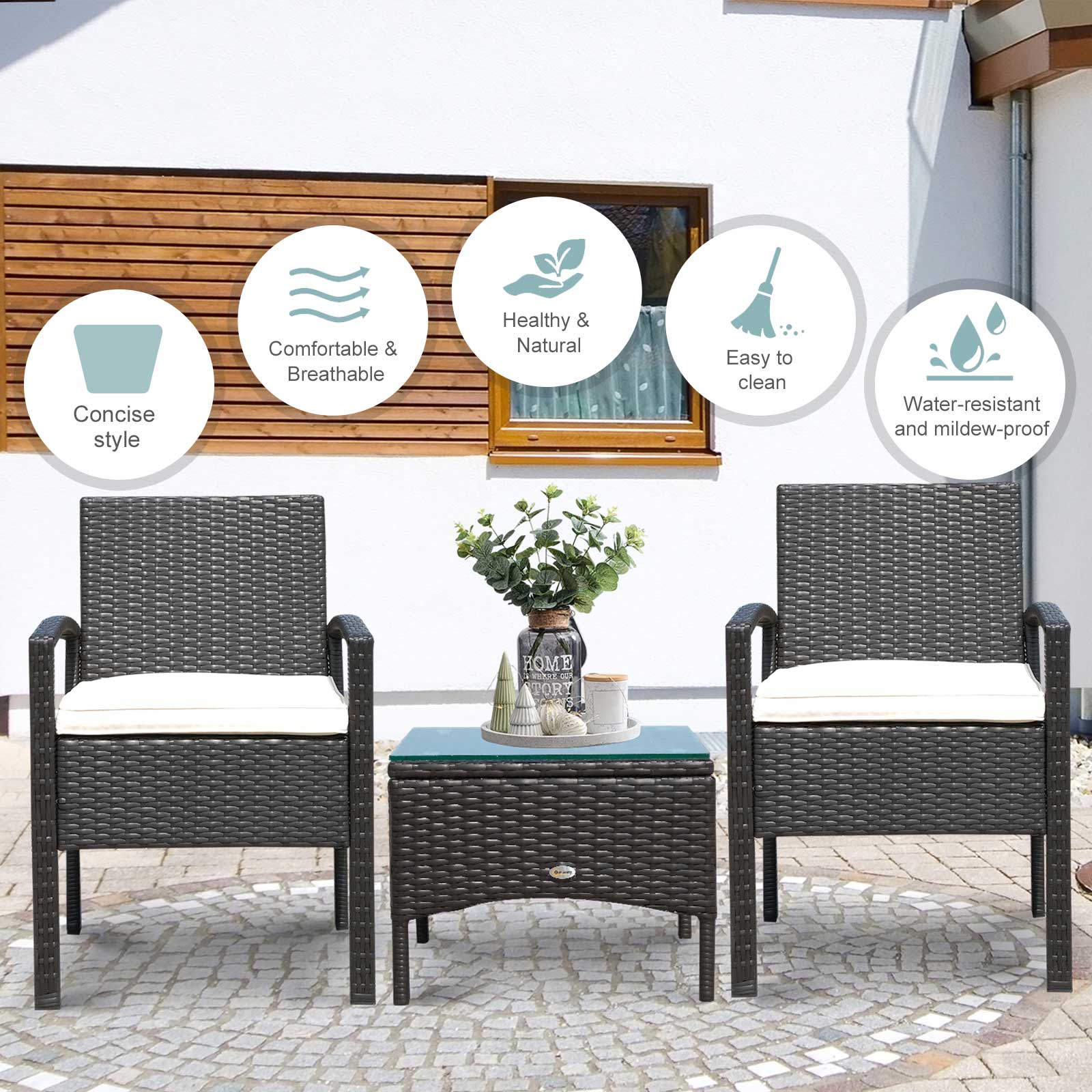 Outsunny 2 Seater Rattan Bistro Set Steel-Brown