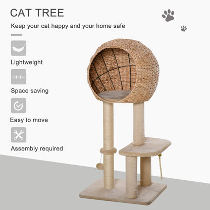 PawHut Cat Tree for Indoor Cats 100cm Kitten Climbing Tower Activity Center with Sisal Scratching Post Condo Perch Hanging Balls Teasing Rope Toy Cushion