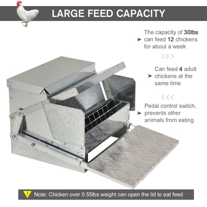 PawHut 11.5KG Automatic Chicken Poultry Feeder Rat Proof Treadle Self Opening with Galvanized Steel and Aluminium