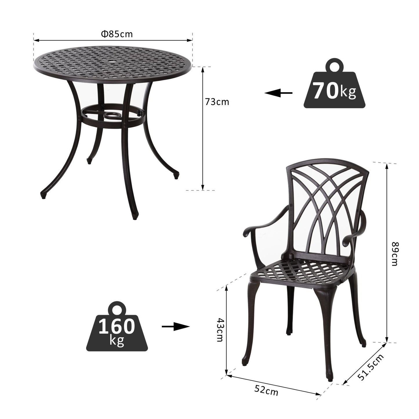 Outsunny Patio Cast Aluminium 5 PCS Dining Table & 4 Chairs Set Outdoor Garden Furniture