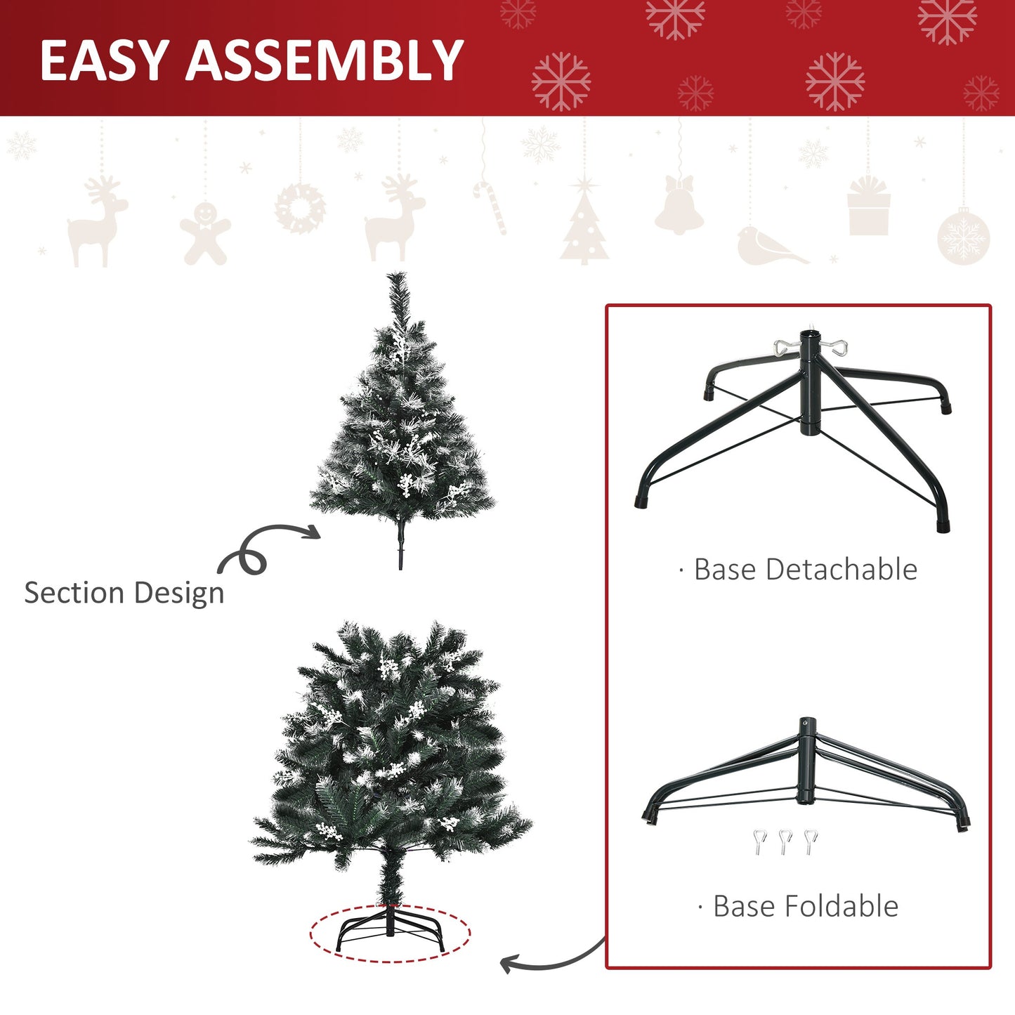 Homcom 5FT Artificial Snow-Dipped Christmas Tree Removable Stand with White Berries Star Topper Branch Green