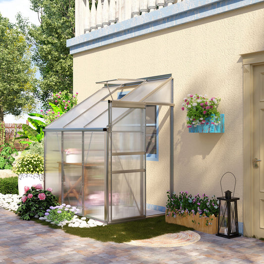 Outsunny 6 x 4ft Lean to Wall Polycarbonate Greenhouse Aluminium Walk-in Garden Greenhouse with Adjustable Roof Vent