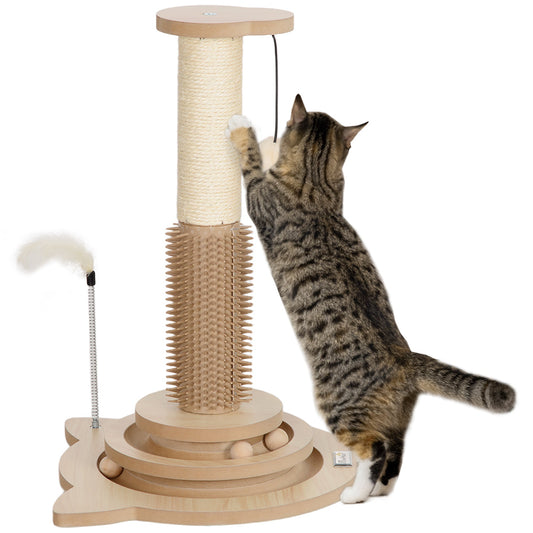 49cm 5 in 1 Cat Scratching Post with Sisal Post, Track Ball, Self Grooming Brush, Hanging Toy Ball, Feather, Oak Tone-0