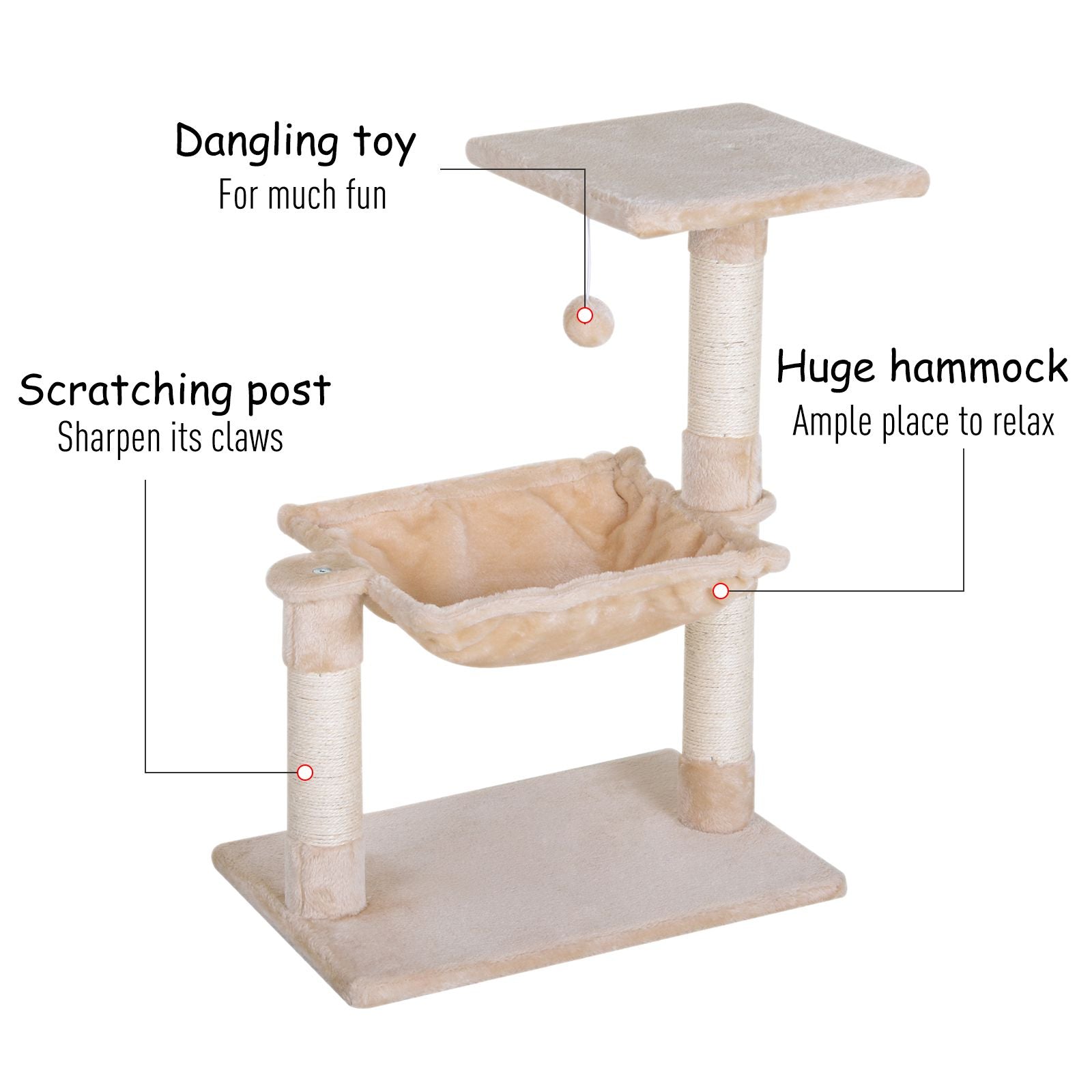 PawHut Cat Tree Hammock Bed Natural Sisal Scratching Post w/ Dangle Toy 2 Tier 70cm Pet Scratch Stand