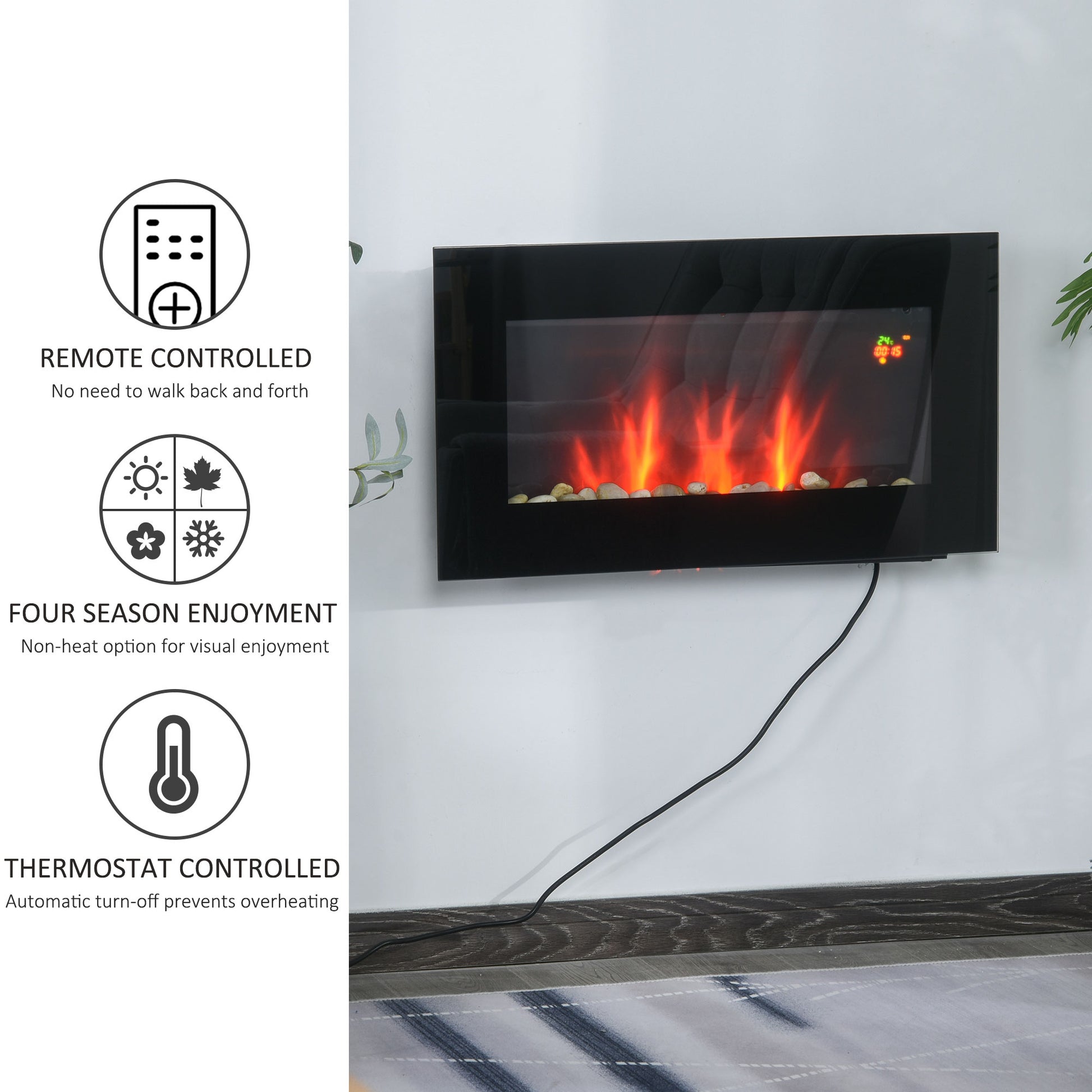 Homcom 1000With2000W Wall Mounted Tempered Glass Electric Fireplace Heater-Black