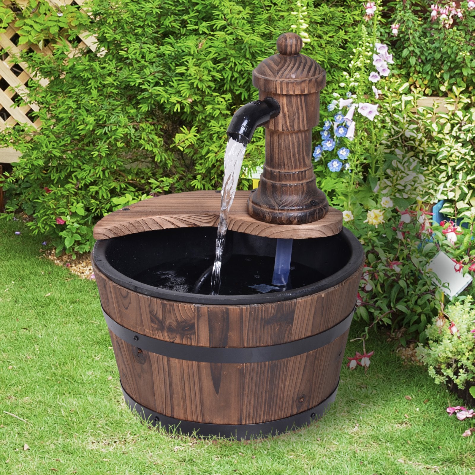 Outsunny Fir Wood Barrel Pump Fountain W/ Flower Planter