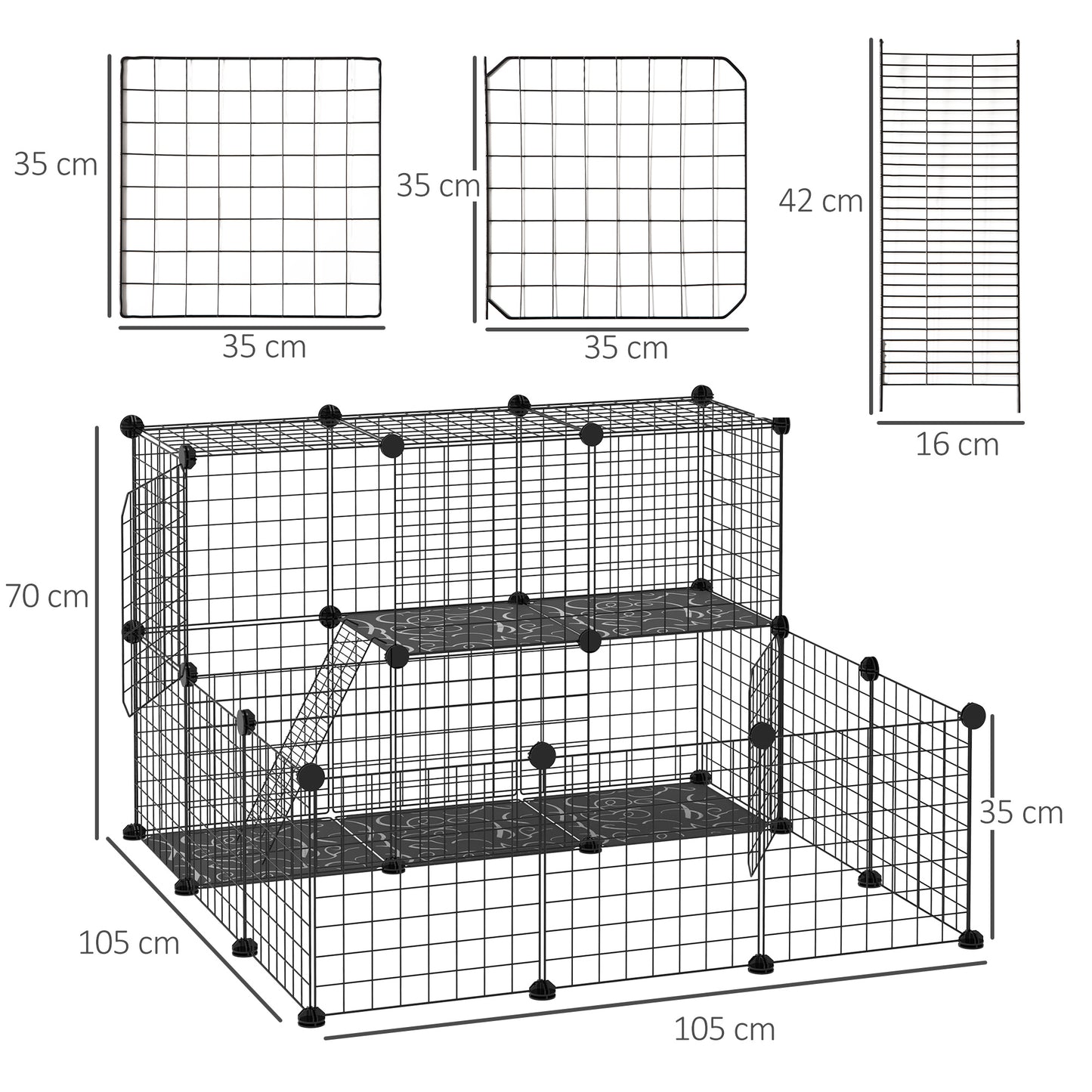 PawHut Pet Playpen w/ Door Customisable Fence for Guinea Pigs Chinchillas Hedgehogs - Black