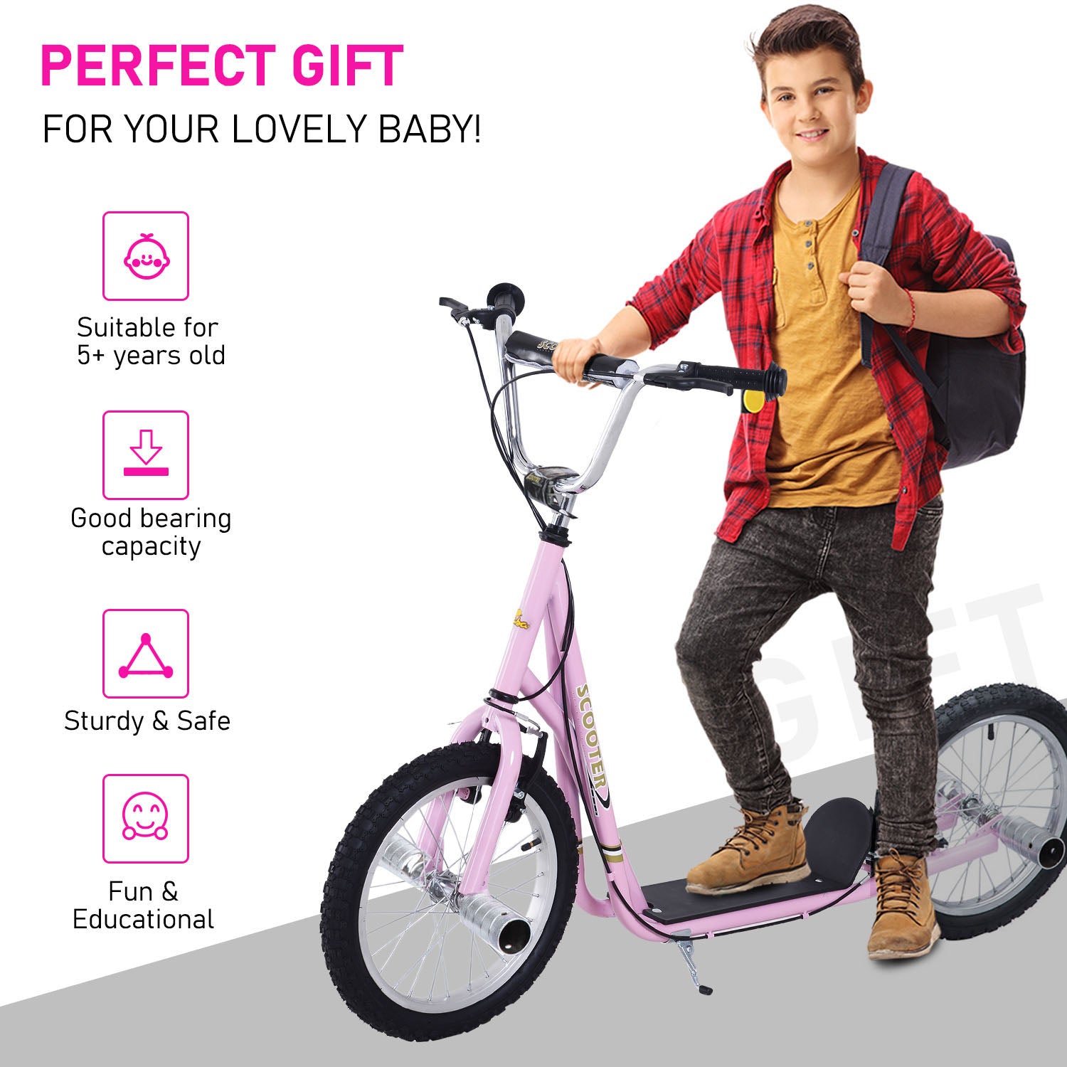 Homcom Youth Scooter Adult Teen Push Scooter Kids Children Stunt Scooter Bike Bicycle Ride On 16" Pneumatic Tyres