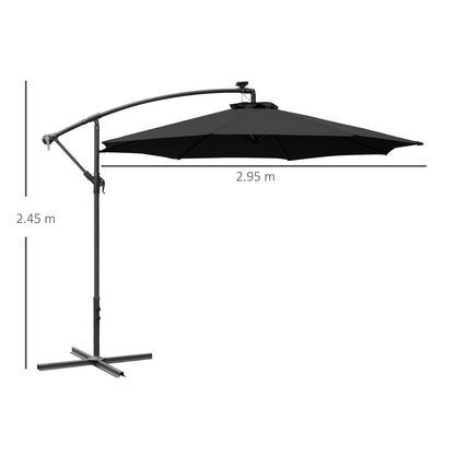 Outsunny 3m LED Patio Banana Umbrella Cantilever Parasol w/ Crank Cross Base Hanging Offset Umbrella Frame Steel Aluminium Garden Table Outdoor Black