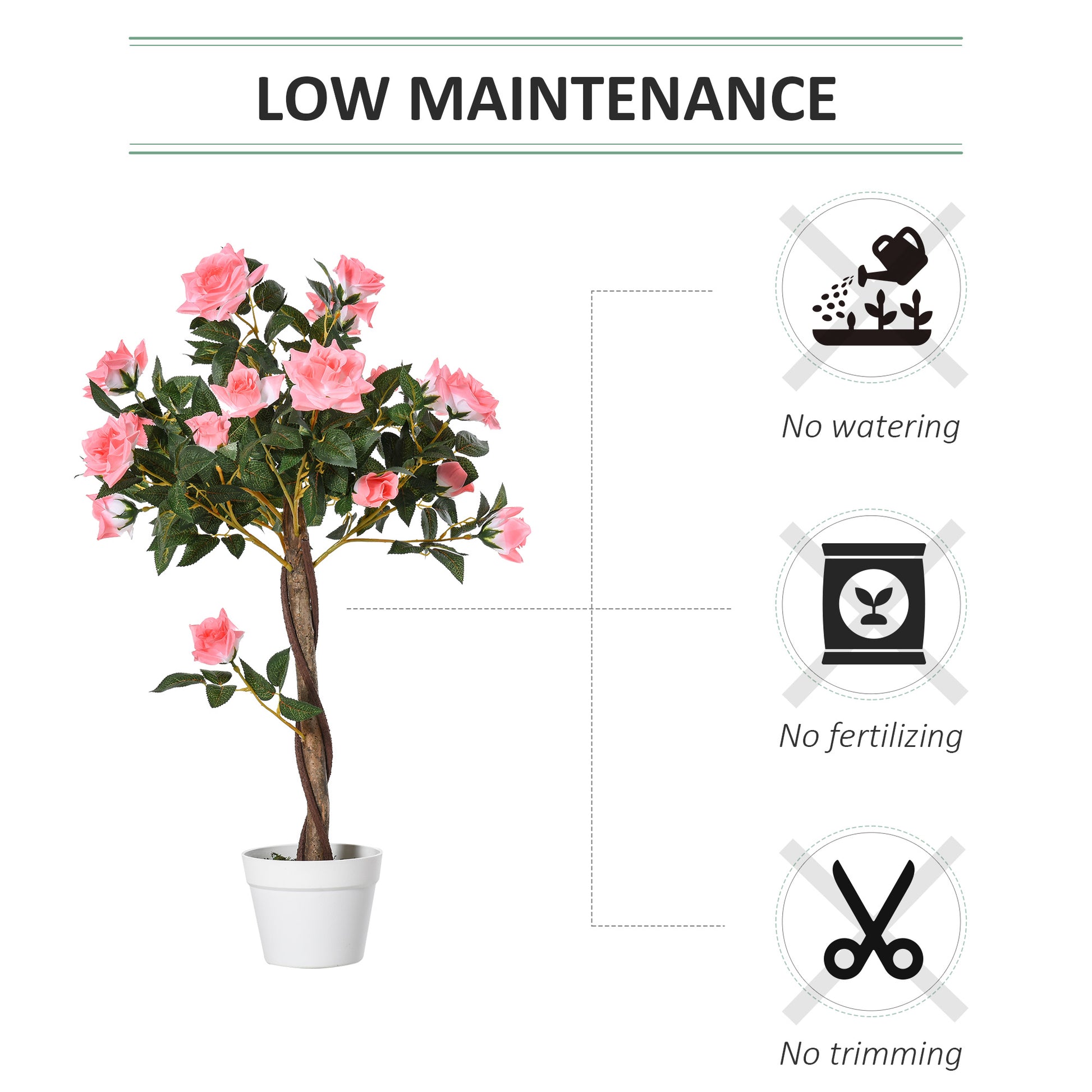 Outsunny 90cm/3FT Artificial Rose Tree Fake Decorative Plant w/ 21 Flowers Pot Indoor Outdoor Faux Decoration Home Office Décor Pink & Green