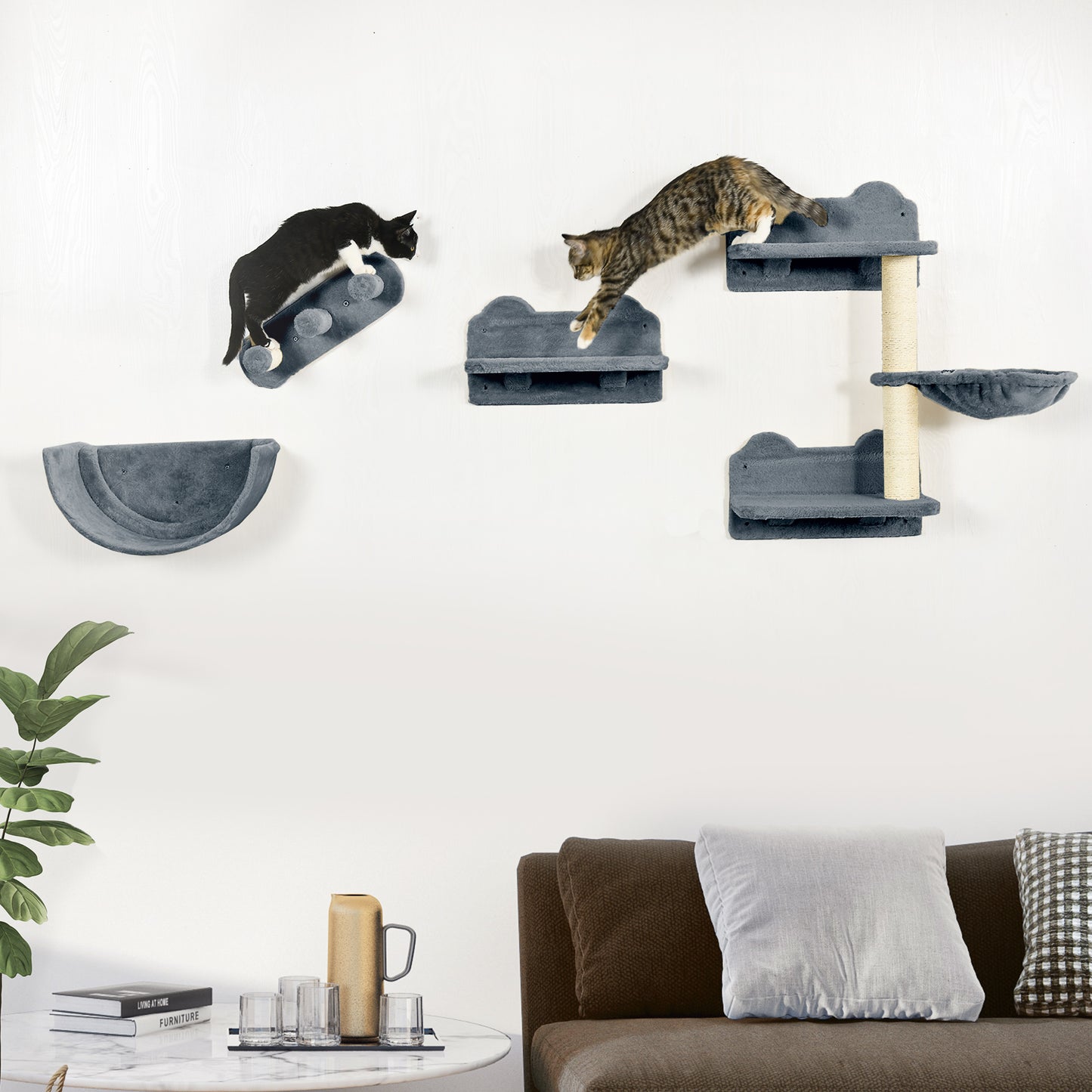 PawHut 4PCs Wall-Mounted Cat Shelves w/ Scratching Post