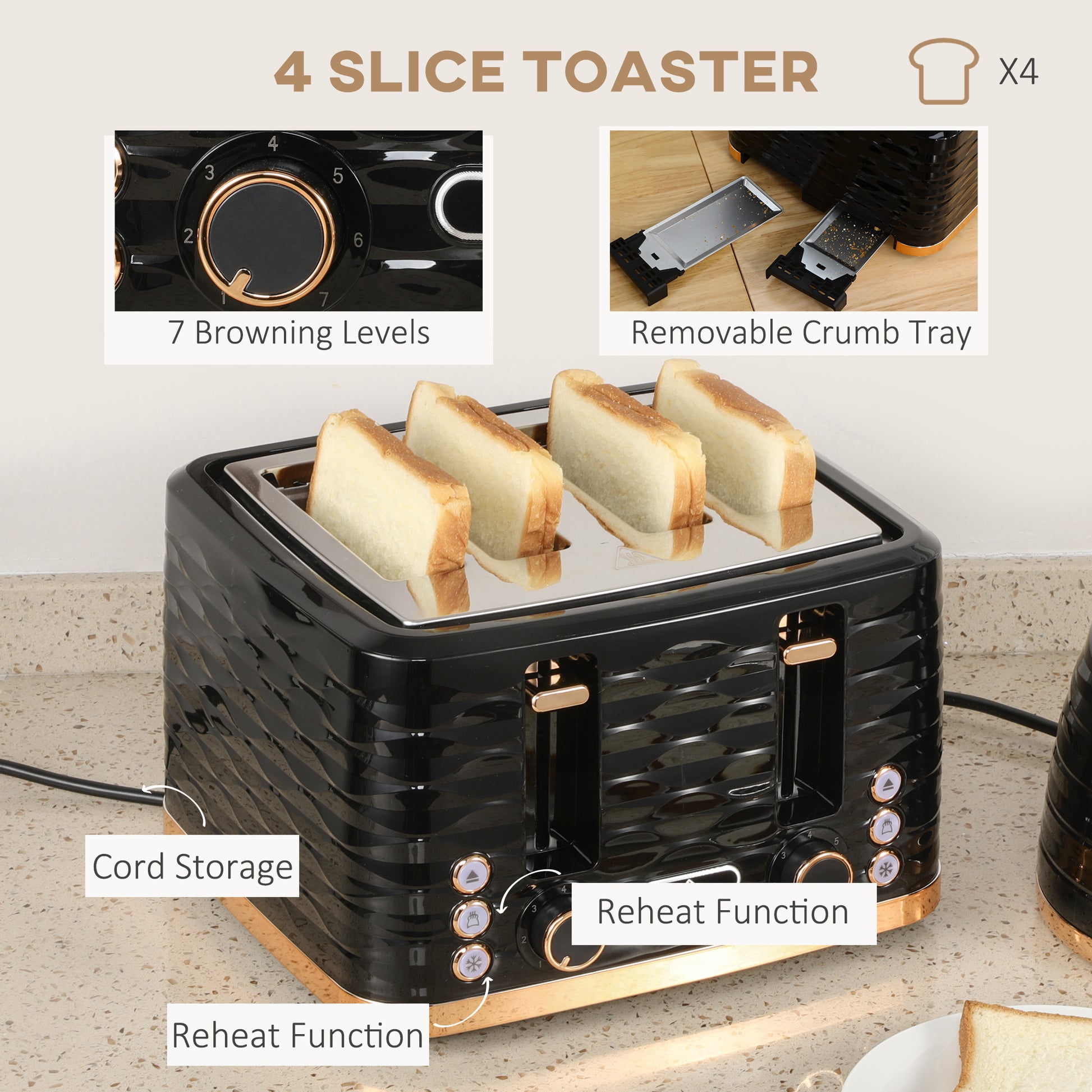 Kettle & Four Slice Toaster Set Black by Homcom