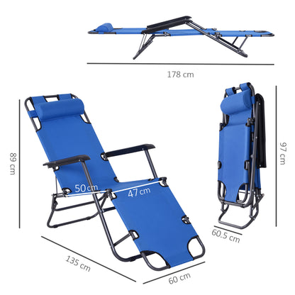 Outsunny 2 in 1 Sun Lounger Folding Reclining Chair Garden Outdoor Camping Adjustable Back with Pillow (Blue)