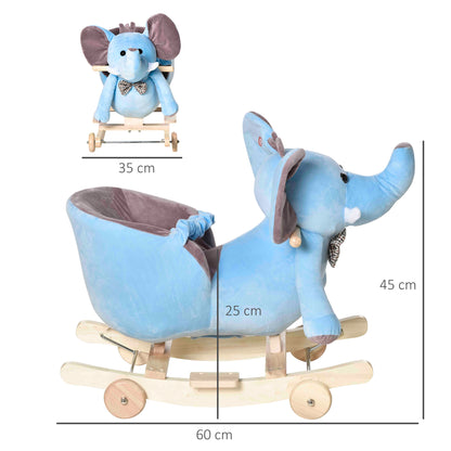 Homcom 2 In 1 Plush Baby Ride On Rocking Horse Elephant Rocker With Wheels Wooden Toy For Kids 32 Songs (Blue)