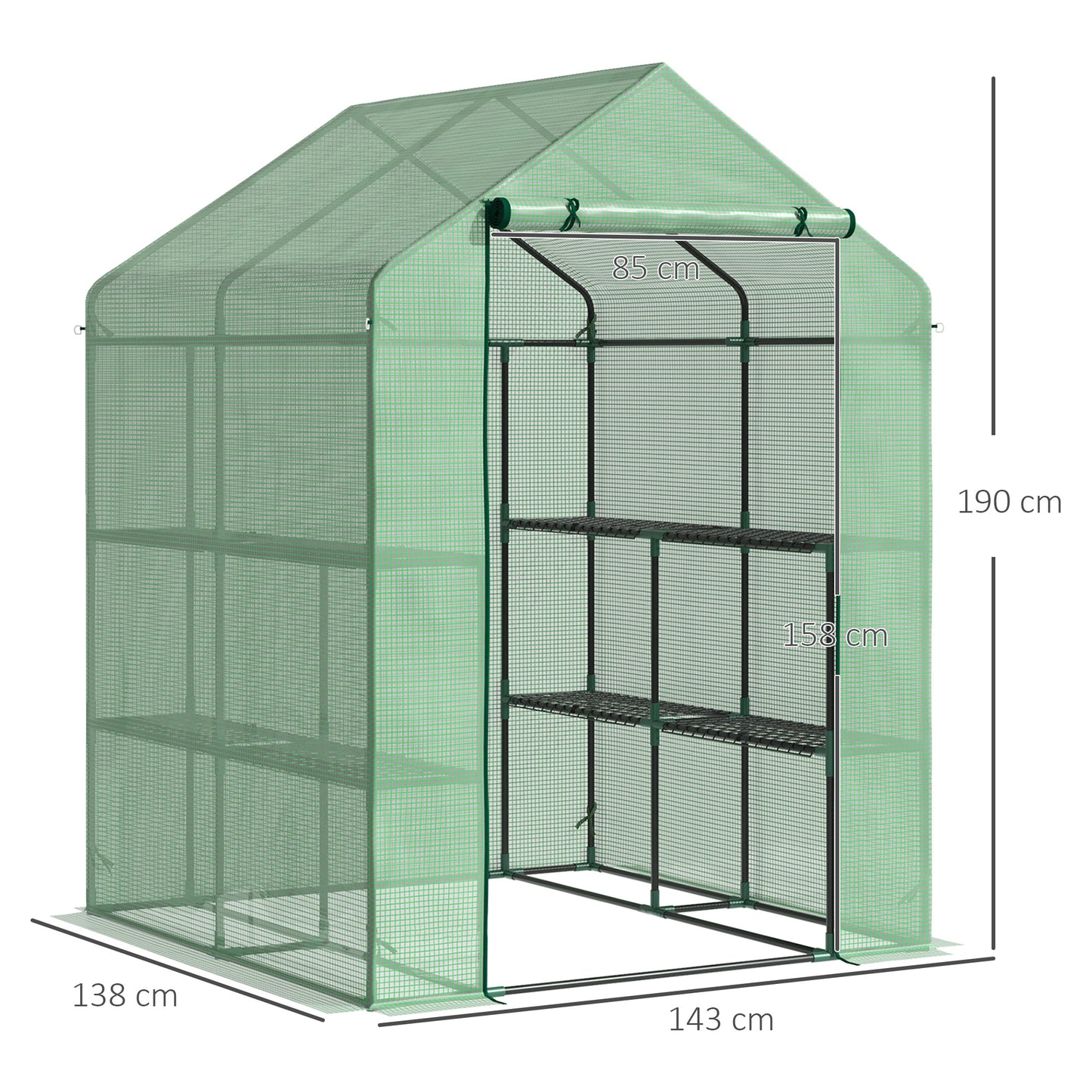 Outsunny Walk in Garden Greenhouse with Shelves Polytunnel Steeple Green house Grow House Removable Cover 143x138x190cm