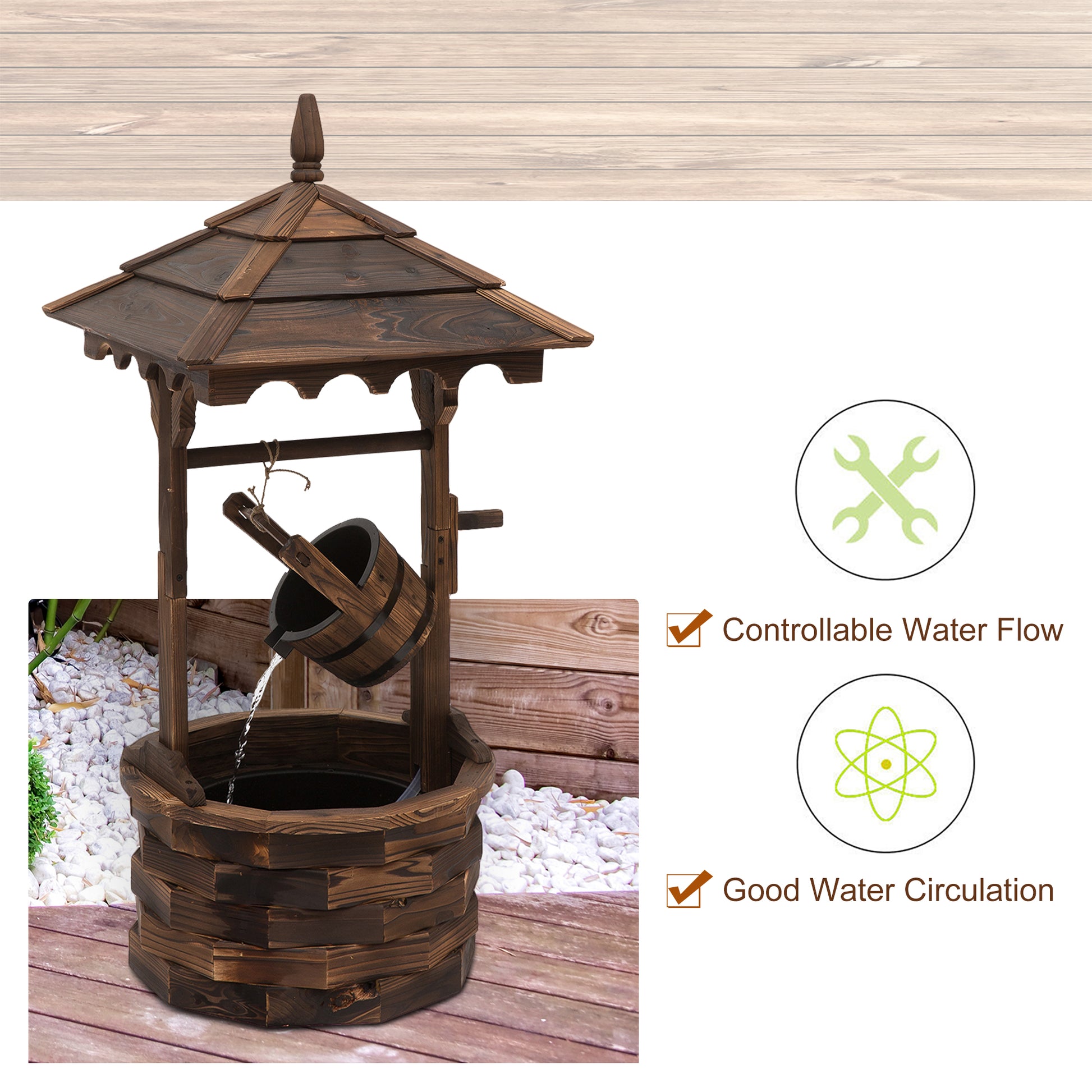 Outsunny Wooden Garden Wishing Well Fountain Barrel Waterfall Rustic Wood With Pump Garden Dcor Ornament