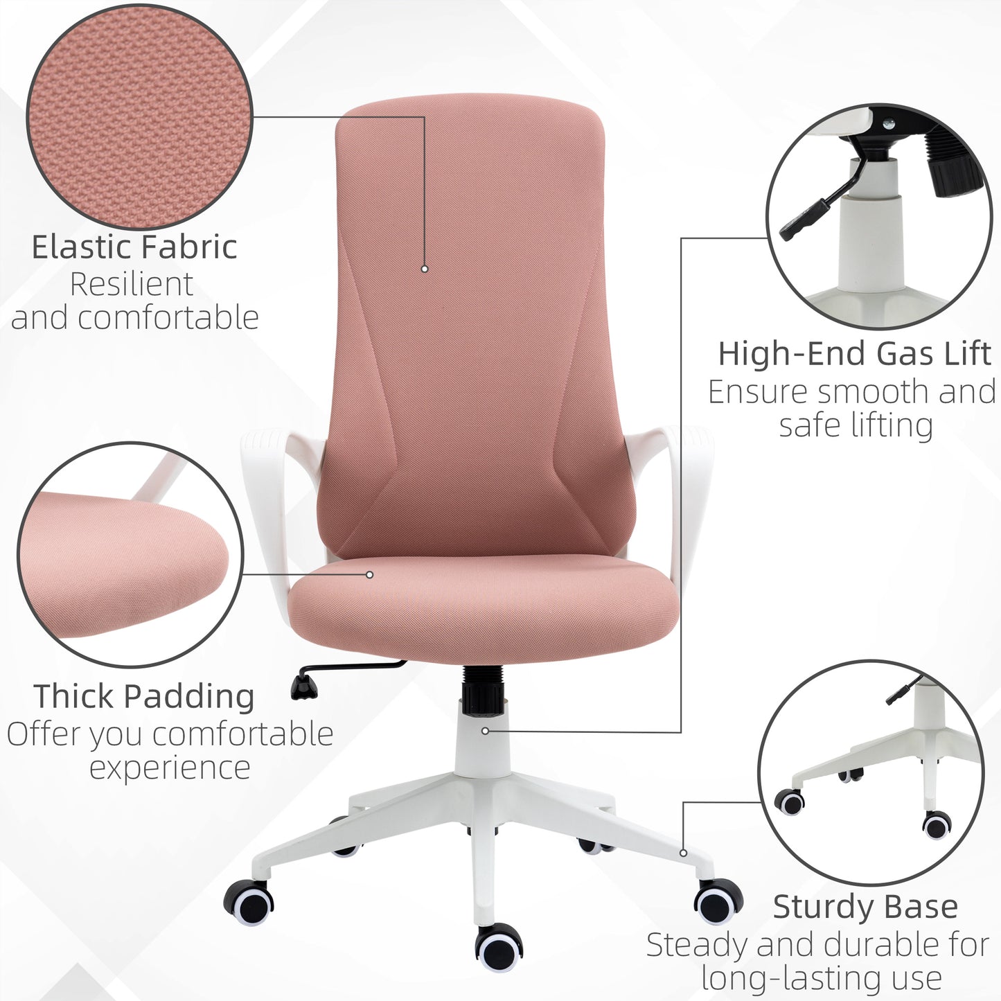 Vinsetto High Back Office Chair Fabric Desk Chair With Armrests Adjustable Height Swivel Wheels Pink