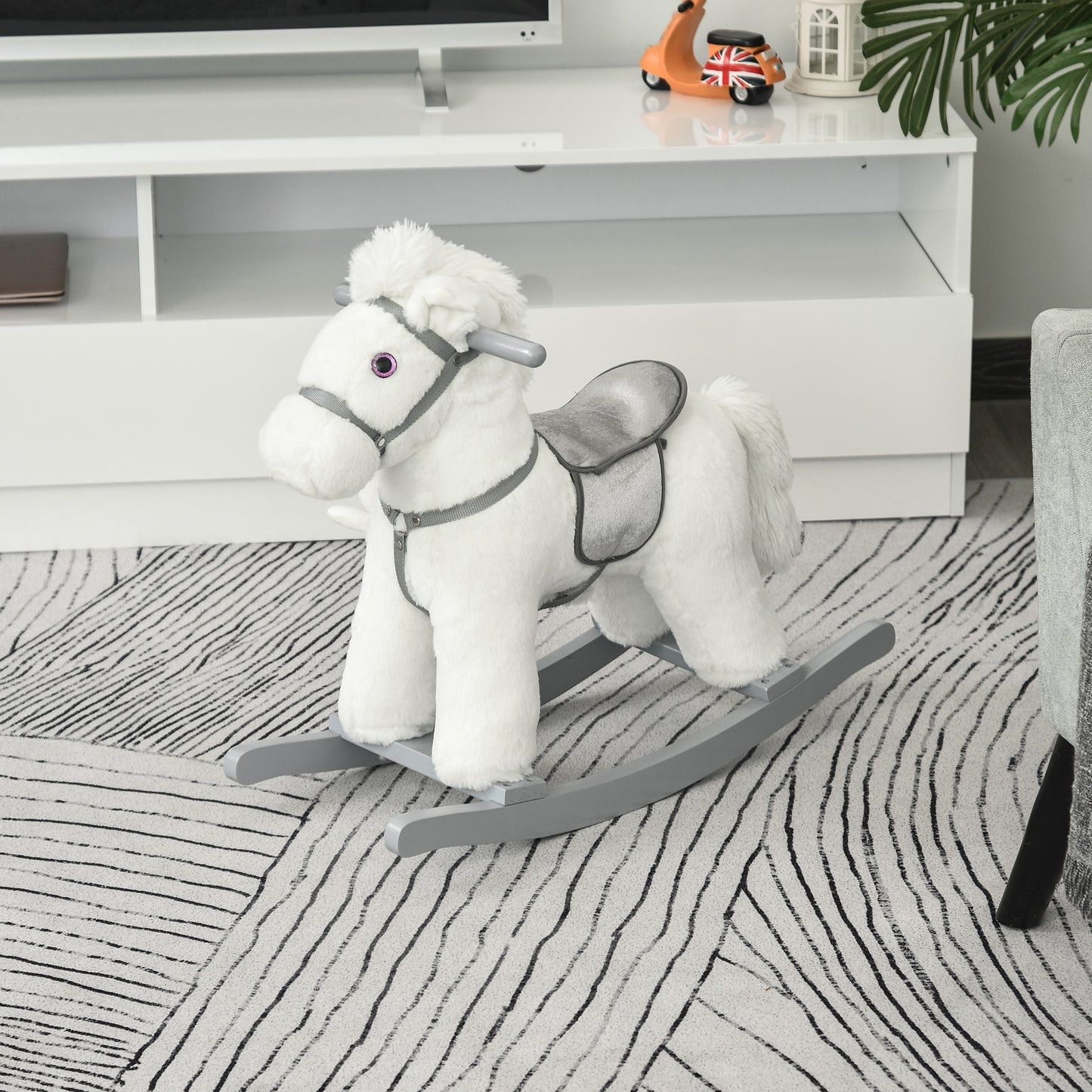 Homcom Kids Plush Ride-On Rocking Horse Toy Rocker With Plush Toy Realistic Sounds For Child 18-36 Months White