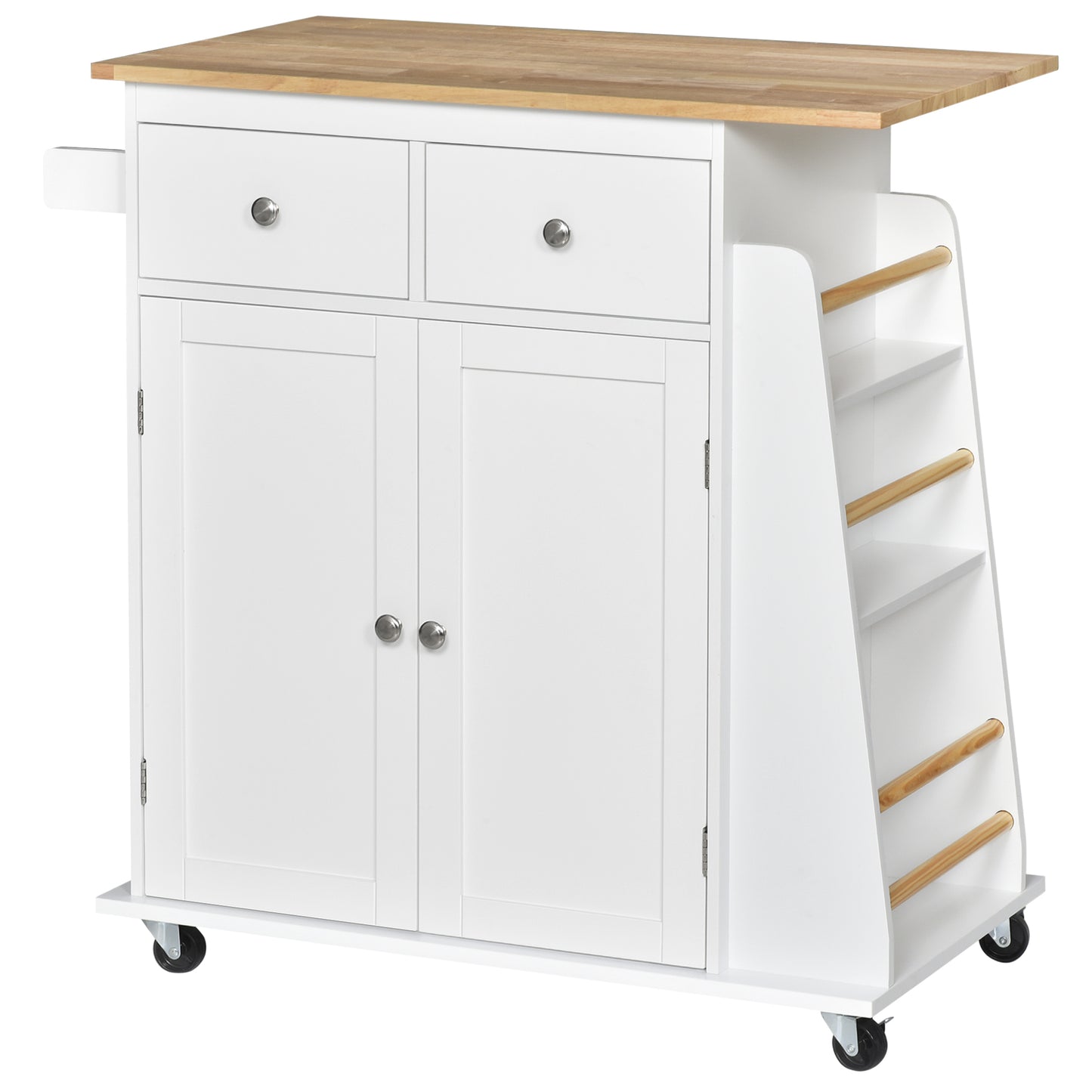 Homcom Kitchen Island Storage Cabinet Rolling Trolley with Rubber Wood Top