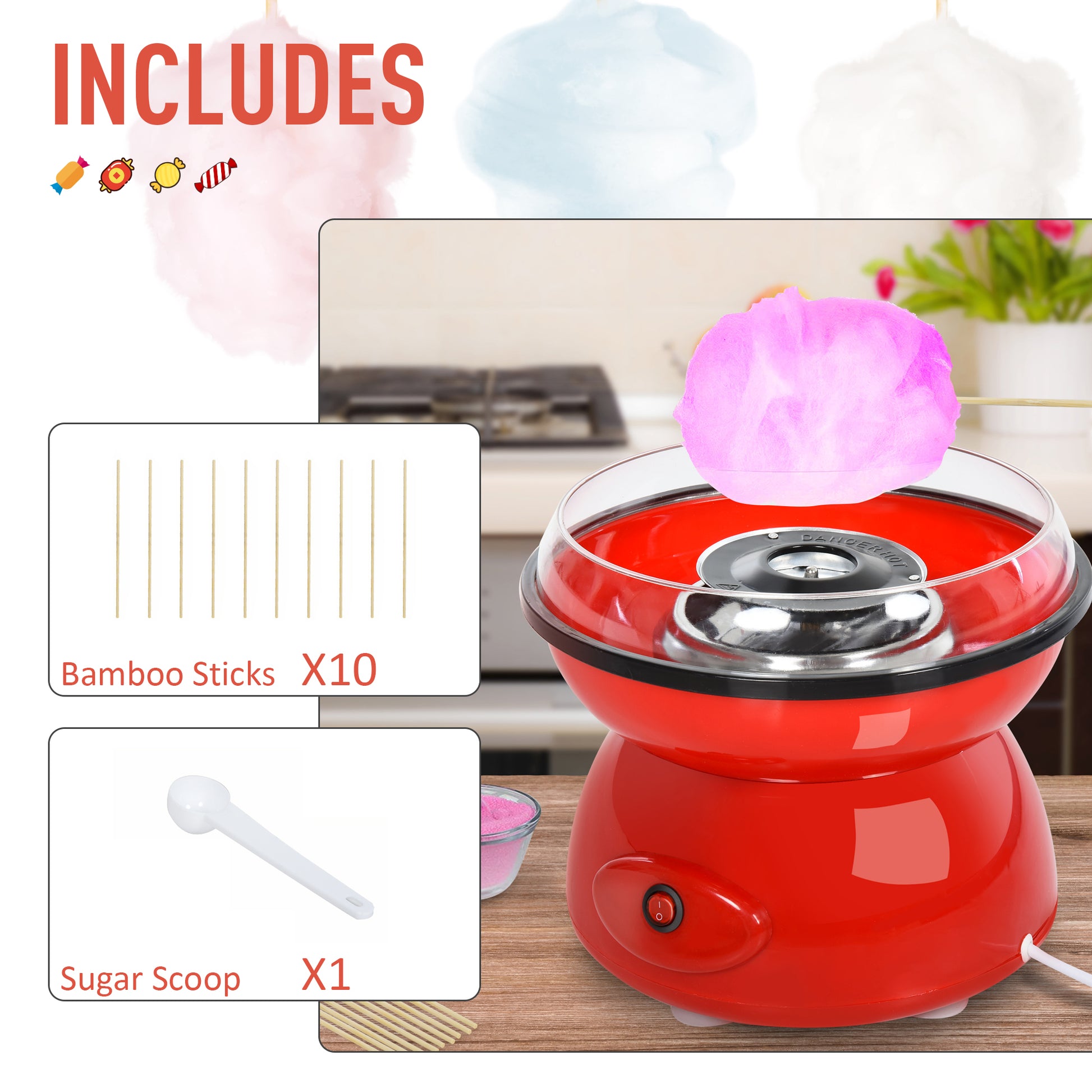 Homcom 450W Electric Candyfloss Machine Kit Non-Stick Plates Fairground Fun Children Adult Party Gift Home Sweet Metal Body w/ Accessories Red