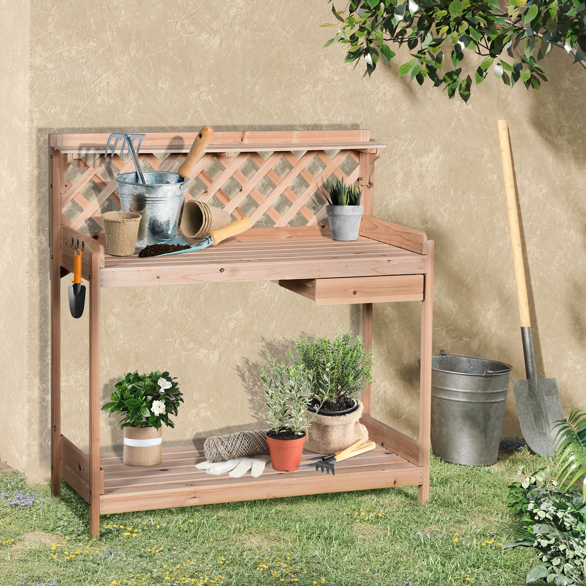 Outsunny Fir Wood Outdoor Garden Potting Table w/ Drawer