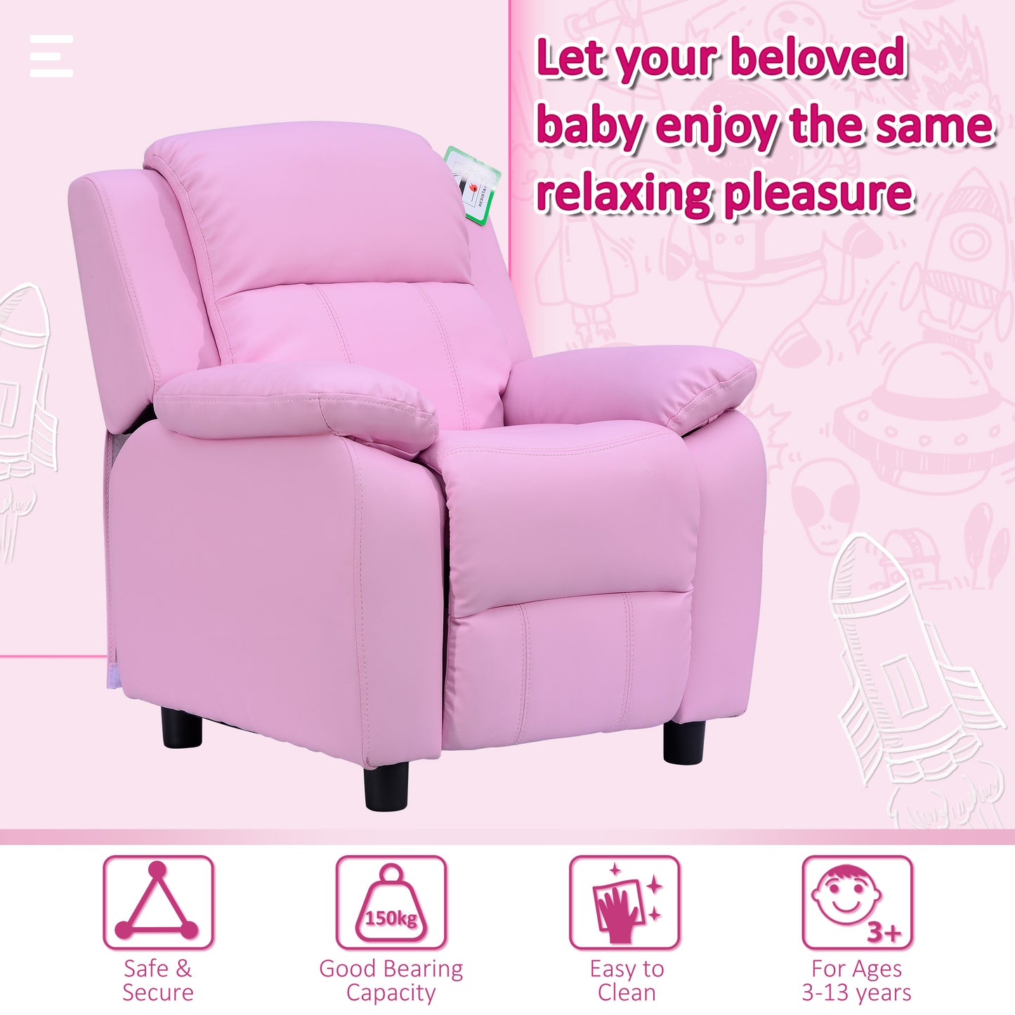 Homcom Kids Children Recliner Lounger Armchair Games Chair Sofa Seat PU Leather Look w/ Storage Space on Arms (Pink)