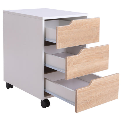 Homcom Medium-density fibreboard Mobile File Cabinet w/ 3 Drawers Locking Wheels Metal Rails Oak Tone White