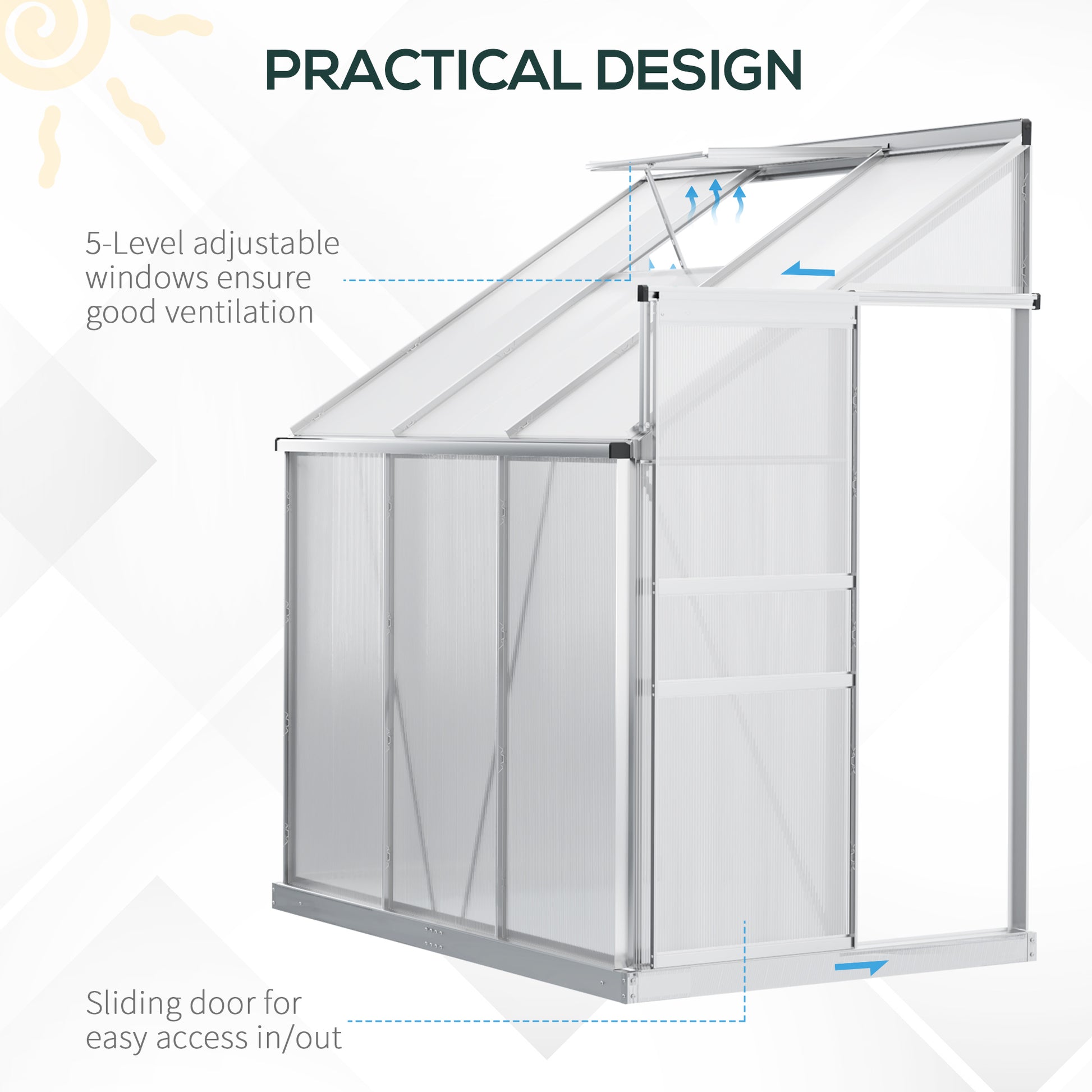 Outsunny 6 x 4ft Lean to Wall Polycarbonate Greenhouse Aluminium Walk-in Garden Greenhouse with Adjustable Roof Vent