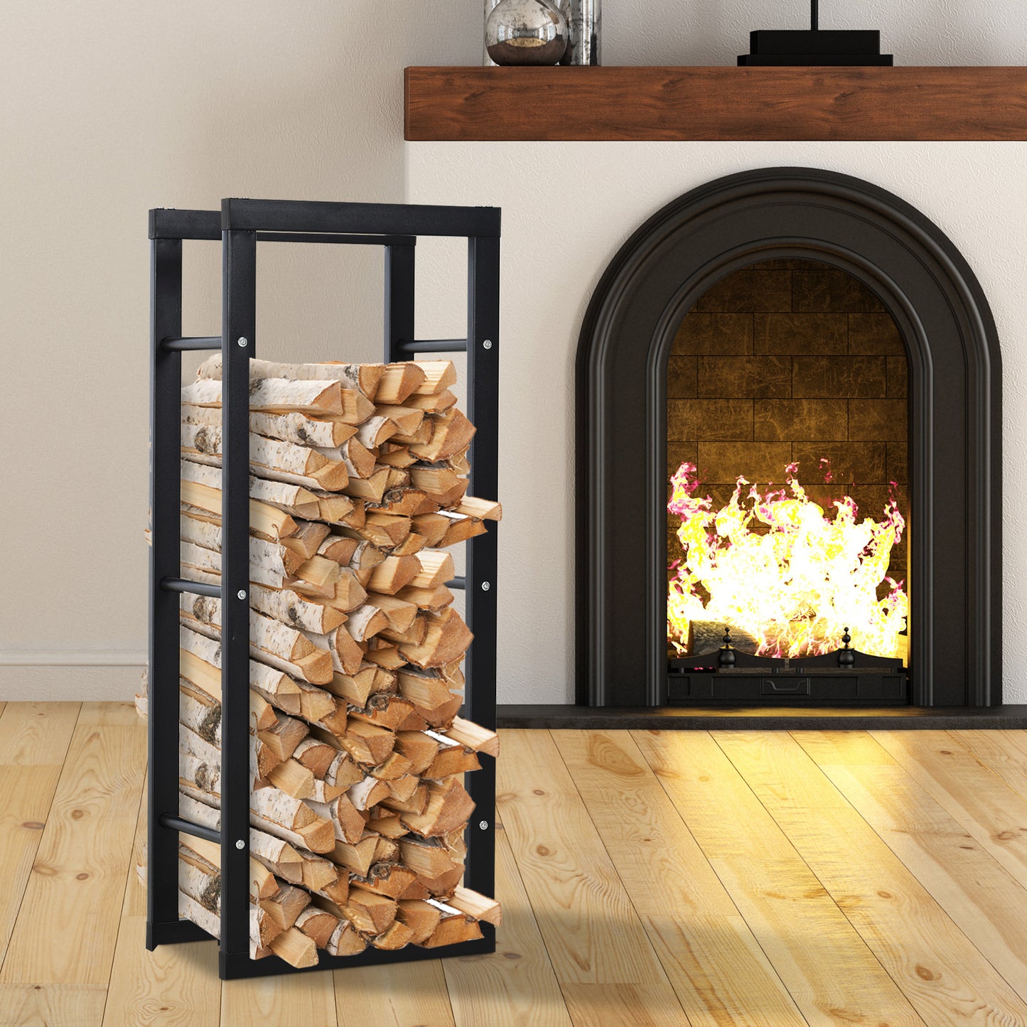 Homcom Metal Firewood Log Holder Tall Firewood Rack Indoor Outdoor Fireplace Wood Storage Shelf with Side Rails