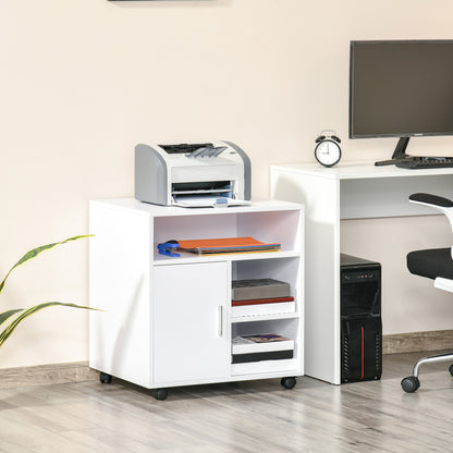 Homcom Multi-Storage Printer Stand Unit Office Desk Side Mobile Storage w/ Wheels Modern Style 60L x 50W x 65.5H cm - White