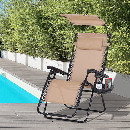 Outsunny Zero Gravity Garden Deck Folding Chair Texteline Patio Sun Lounger Reclining Seat with Cup Holder & Canopy Shade - Beige