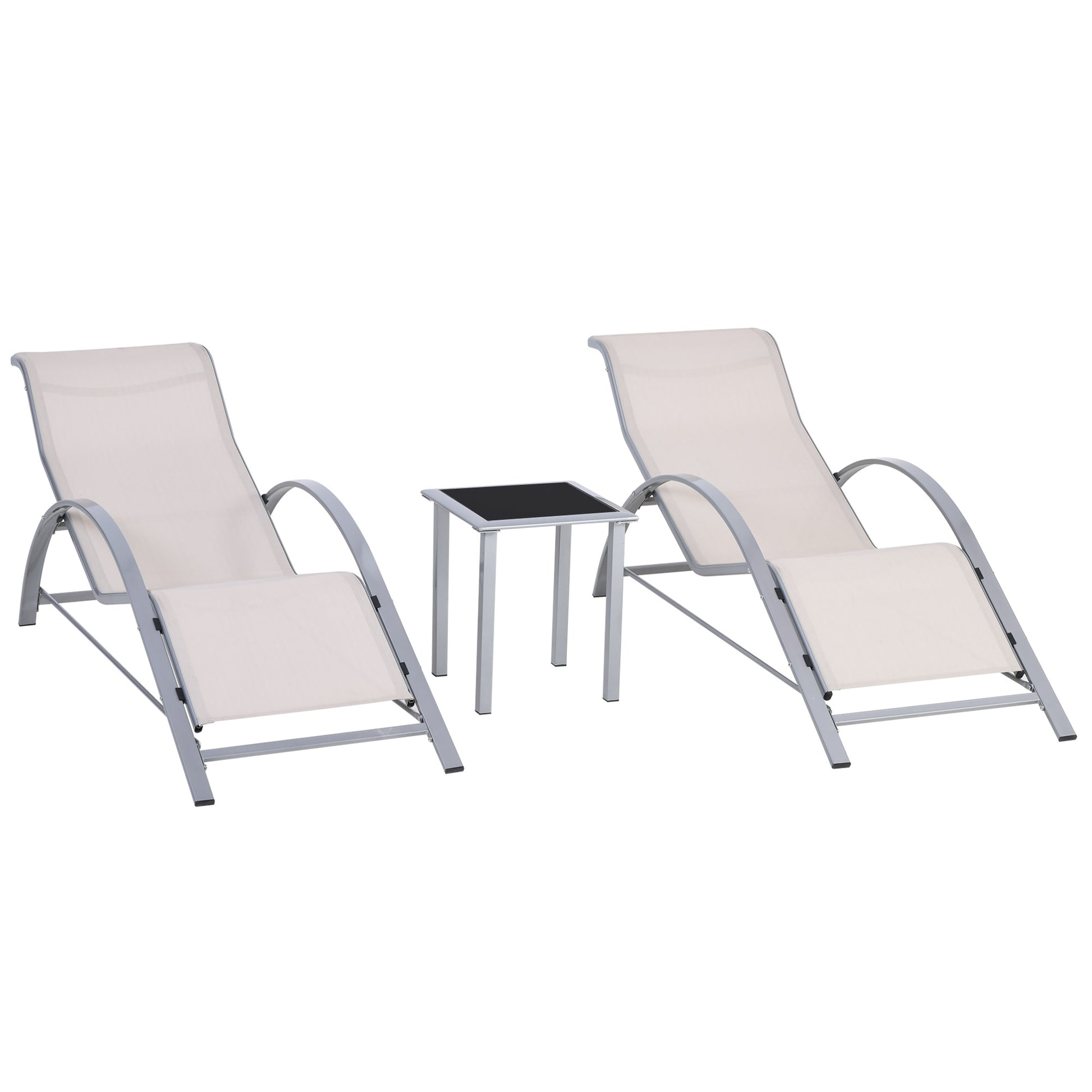 Outsunny 3 Pieces Lounge Chair Set Metal Frame Garden Outdoor Recliner Sunbathing Chair with Table