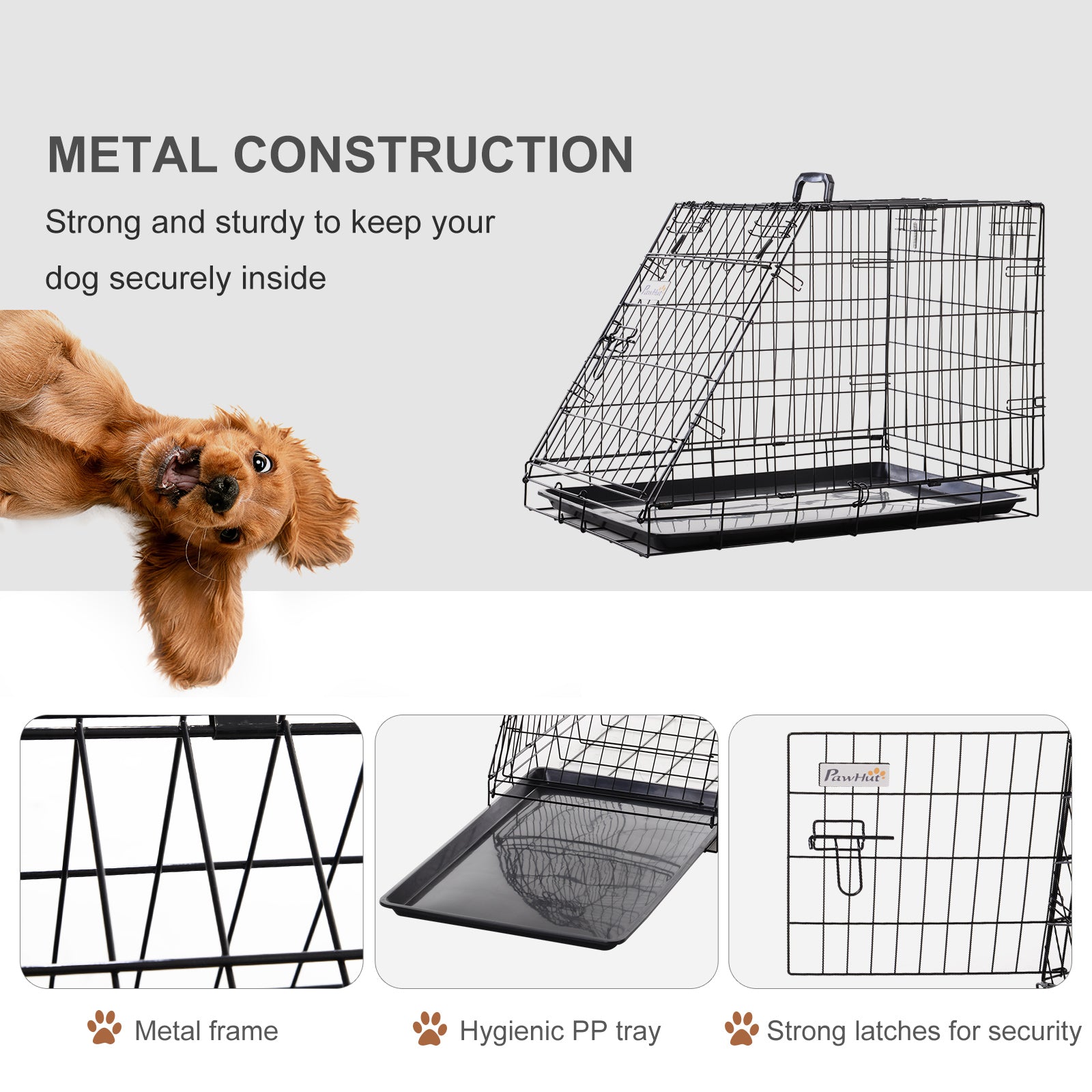 PawHut Metal Dog Car Crate Folding Pet Cage Transport Box Carrier for Small Dog with Removable Tray 77 x 47 x 55cm