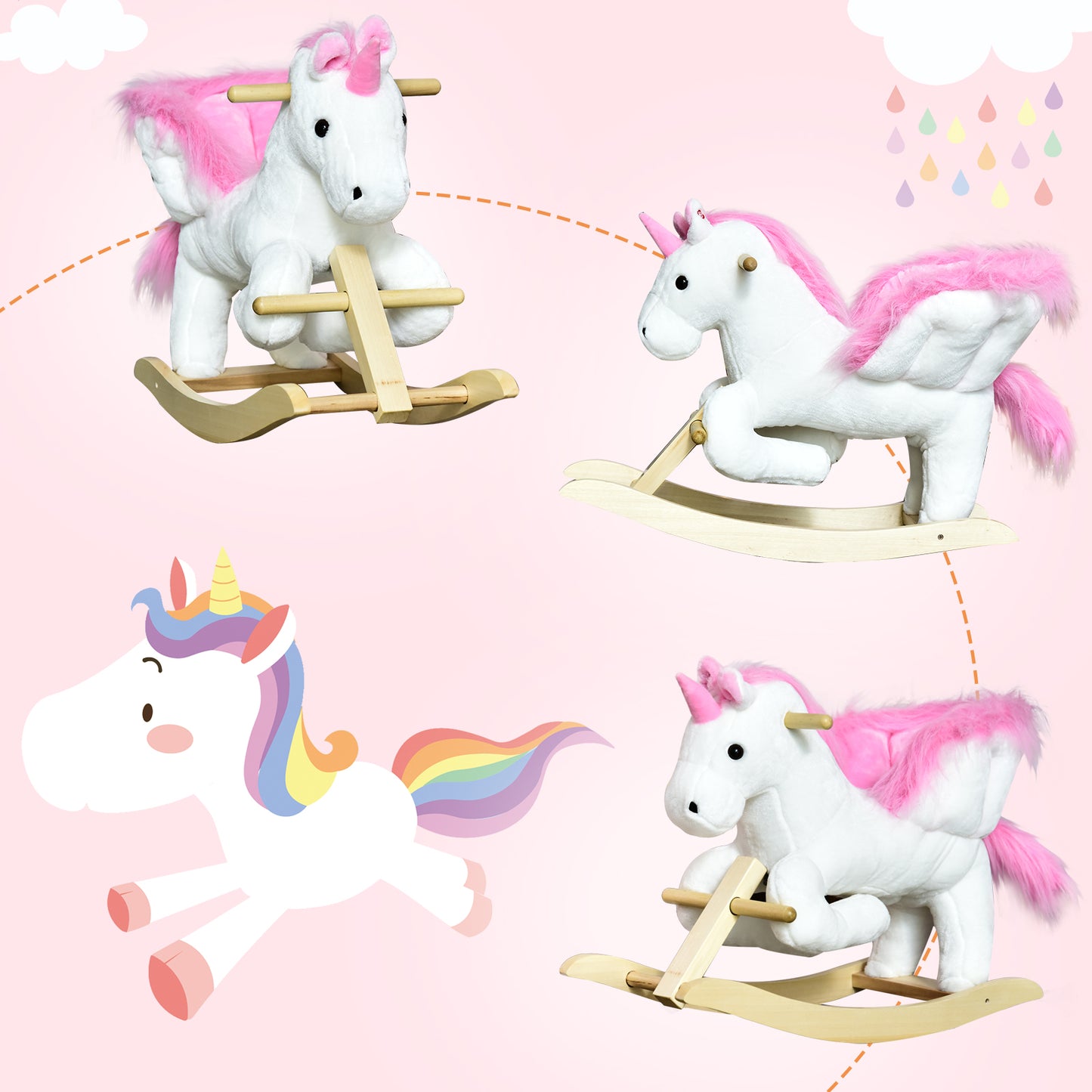 Homcom Unicorn Rocking Horse Kids Wooden Ride On Plush Toy w/ Music