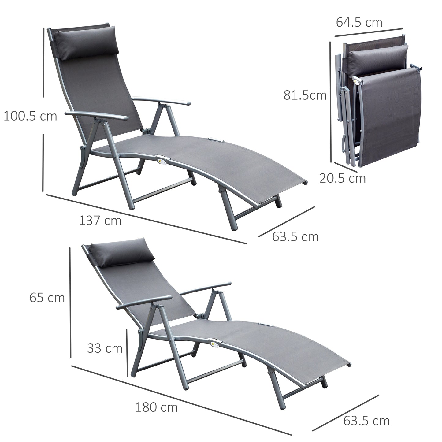 Outsunny Sun Lounger Steel Frame Outdoor Folding Chaise Texteline Lounge Chair Recliner with Headrest & 7 Levels Adjustable Backrest