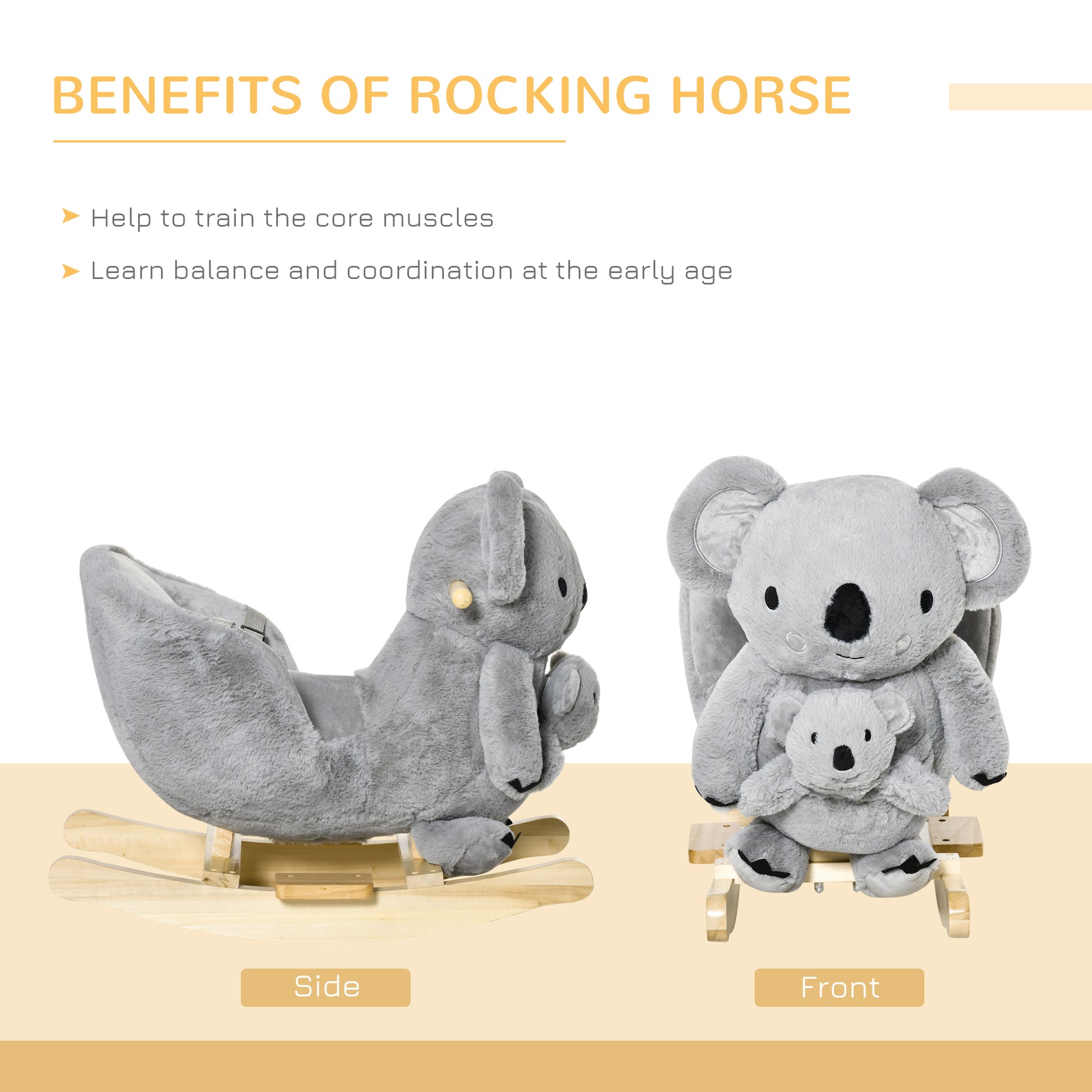 Homcom Kids Plush Ride-On Rocking Horse Koala-Shaped Toy Rocker With Gloved Doll Grey