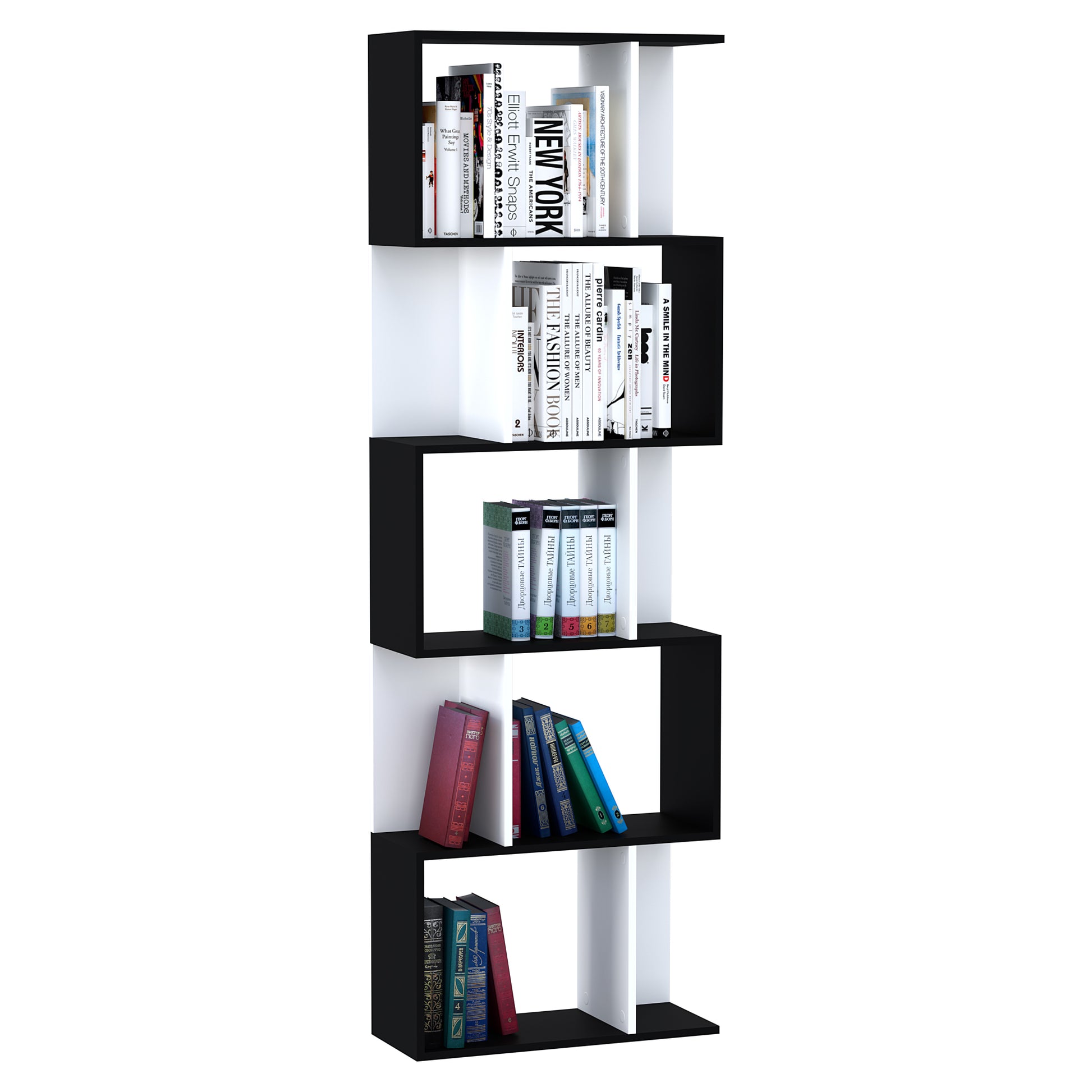 Homcom 5-tier Bookcase Storage Display Shelving S Shape design Unit Divider Black