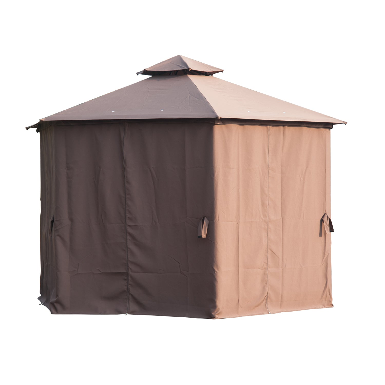 Outsunny 3 x 3(m) Hexagon Gazebo Patio Canopy Party Tent Outdoor Garden Shelter w/ 2 Tier Roof & Side Panel - Brown