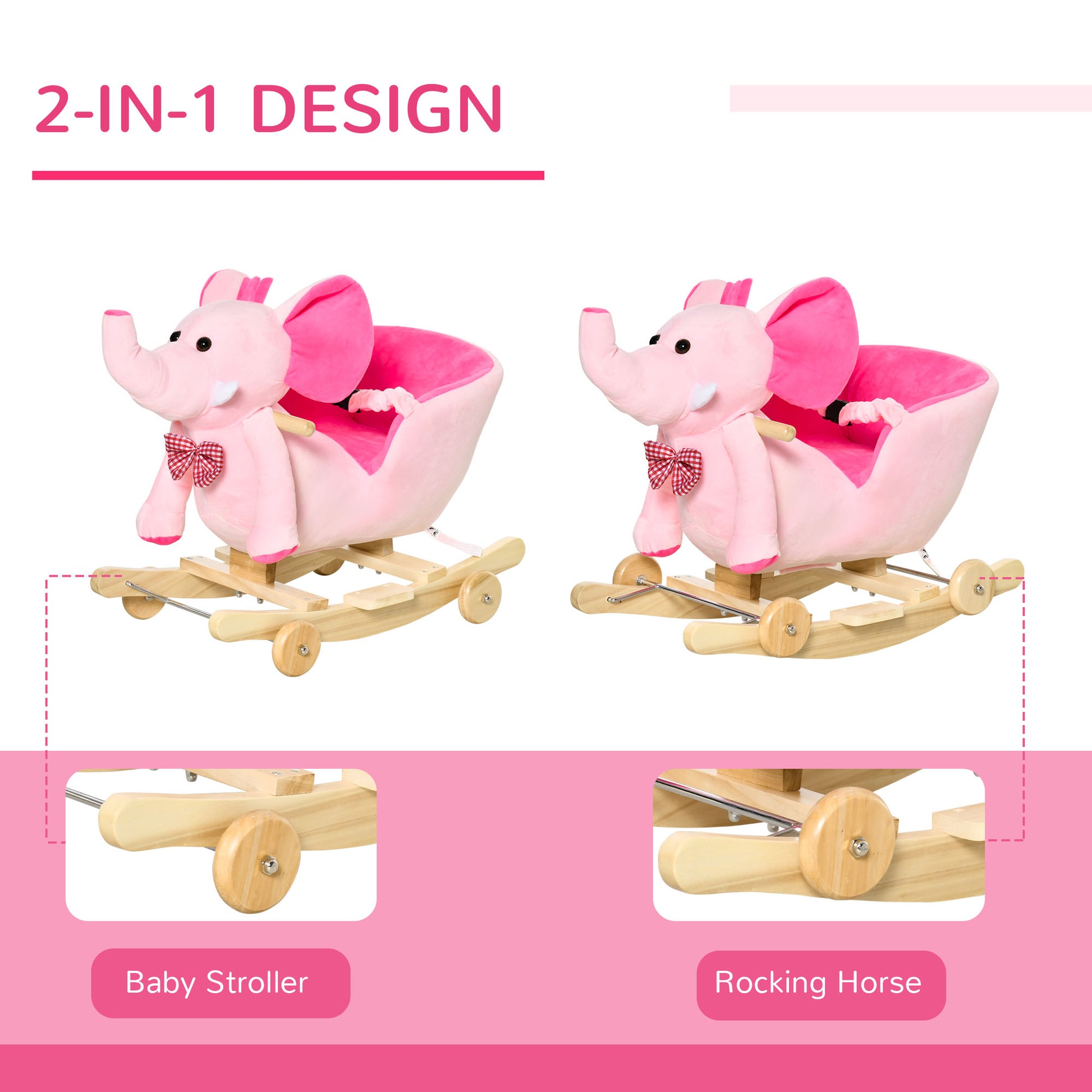 Homcom 2 In 1 Plush Baby Ride on Rocking Horse Elephant Rocker with Wheels Wooden Toy for Kids 32 Songs (Pink)