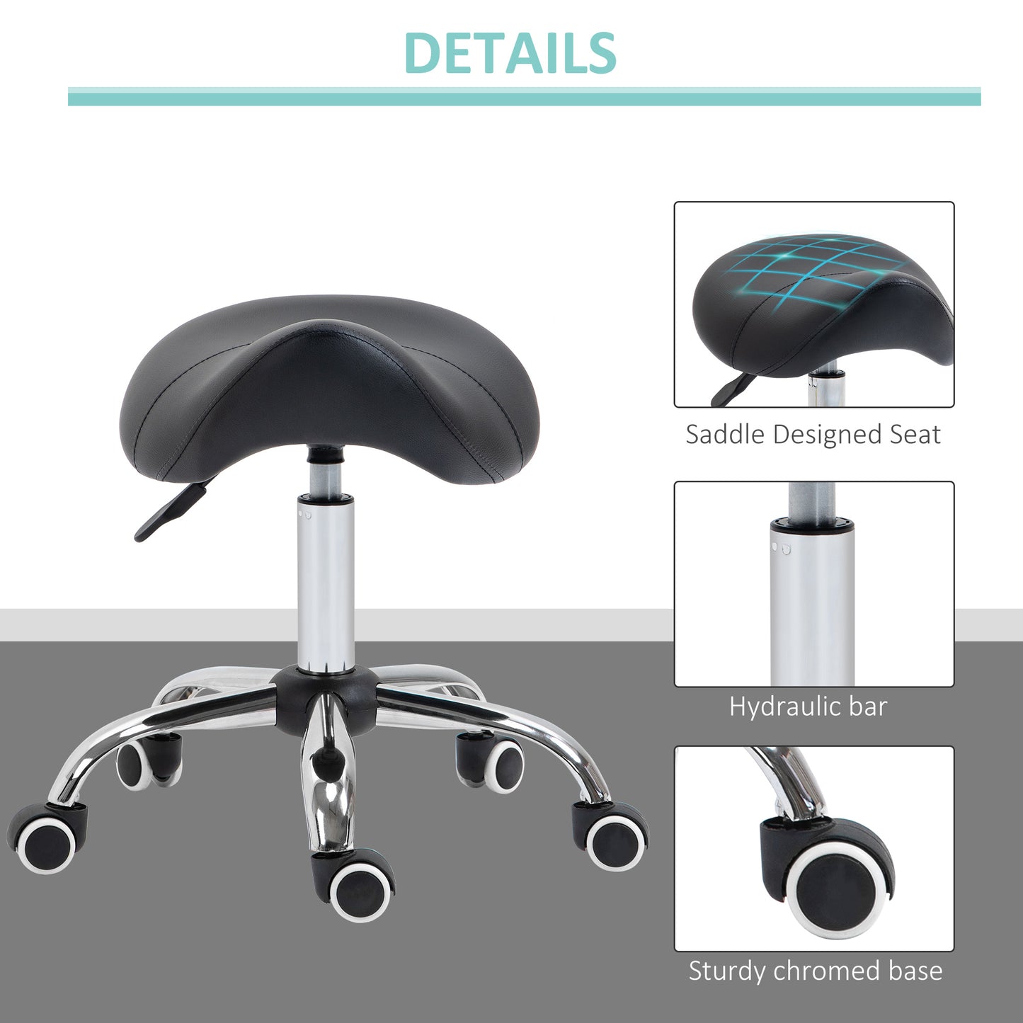 Homcom Cosmetic Stool 360° Rotate Height Adjustable Salon Massage Spa Chair Hydraulic Rolling Faux Leather Saddle Stool Mobility - Black