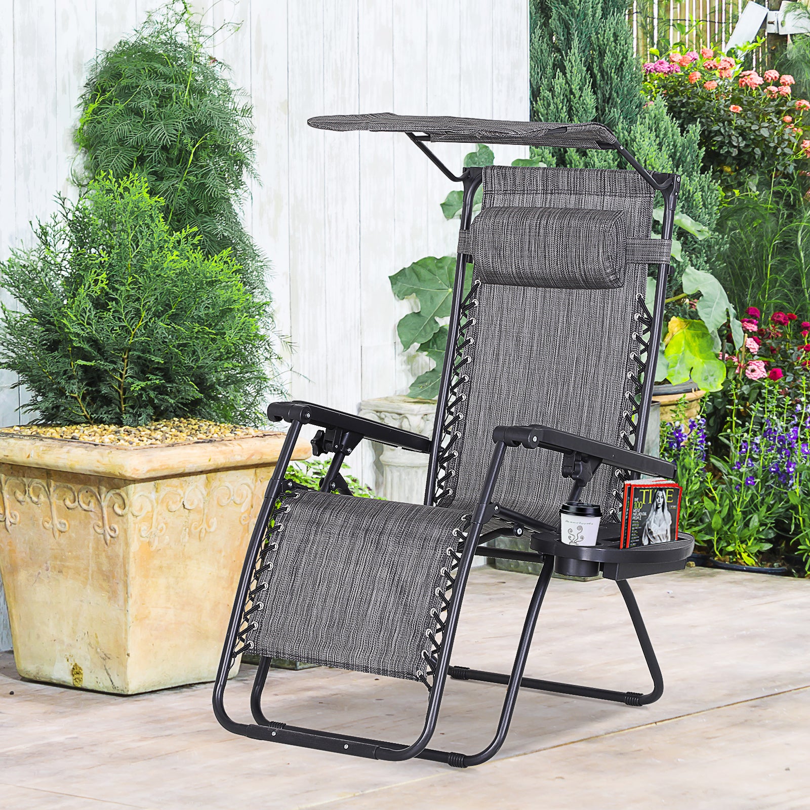 Outsunny Zero Gravity Garden Deck Folding Chair Texteline Patio Sun Adjustable Lounger Reclining Seat with Cup Holder & Canopy Shade - Grey