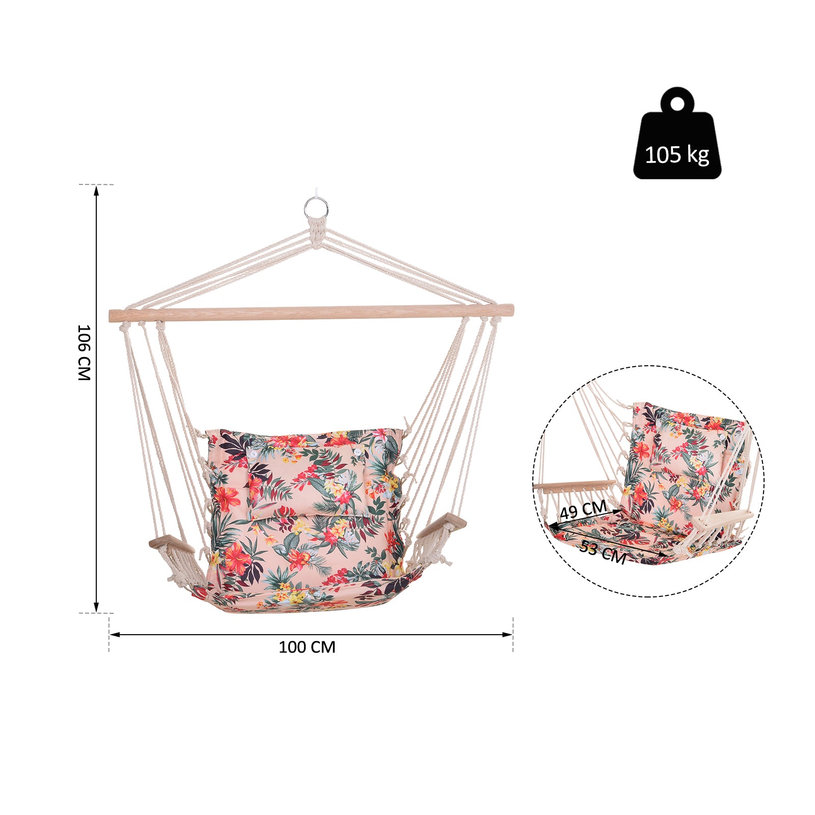 Outsunny 100x106cm Hanging Hammock Chair Safe Rope Frame Pillow Top Bar Bright Floral