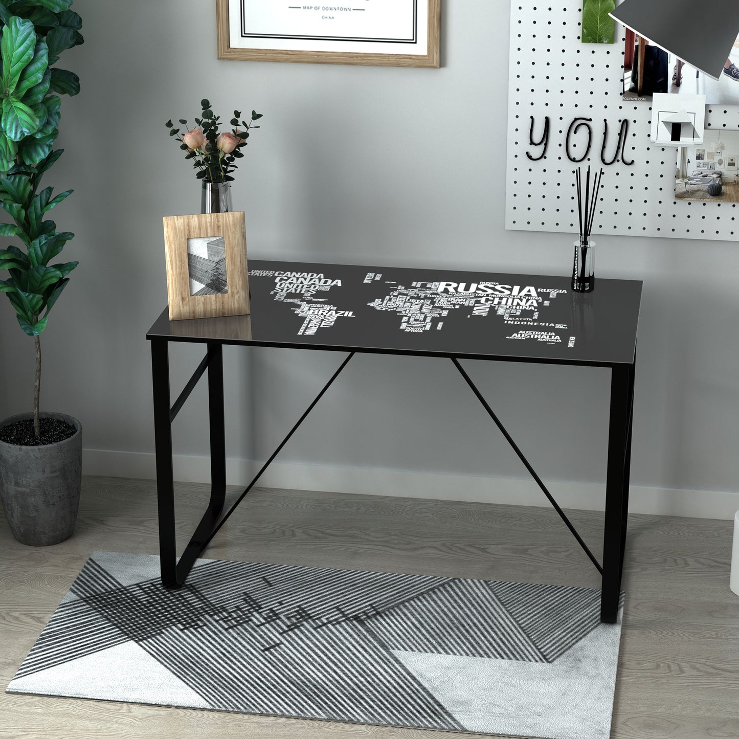 Homcom Tempered Glass Top Writing Desk With World Map Printing